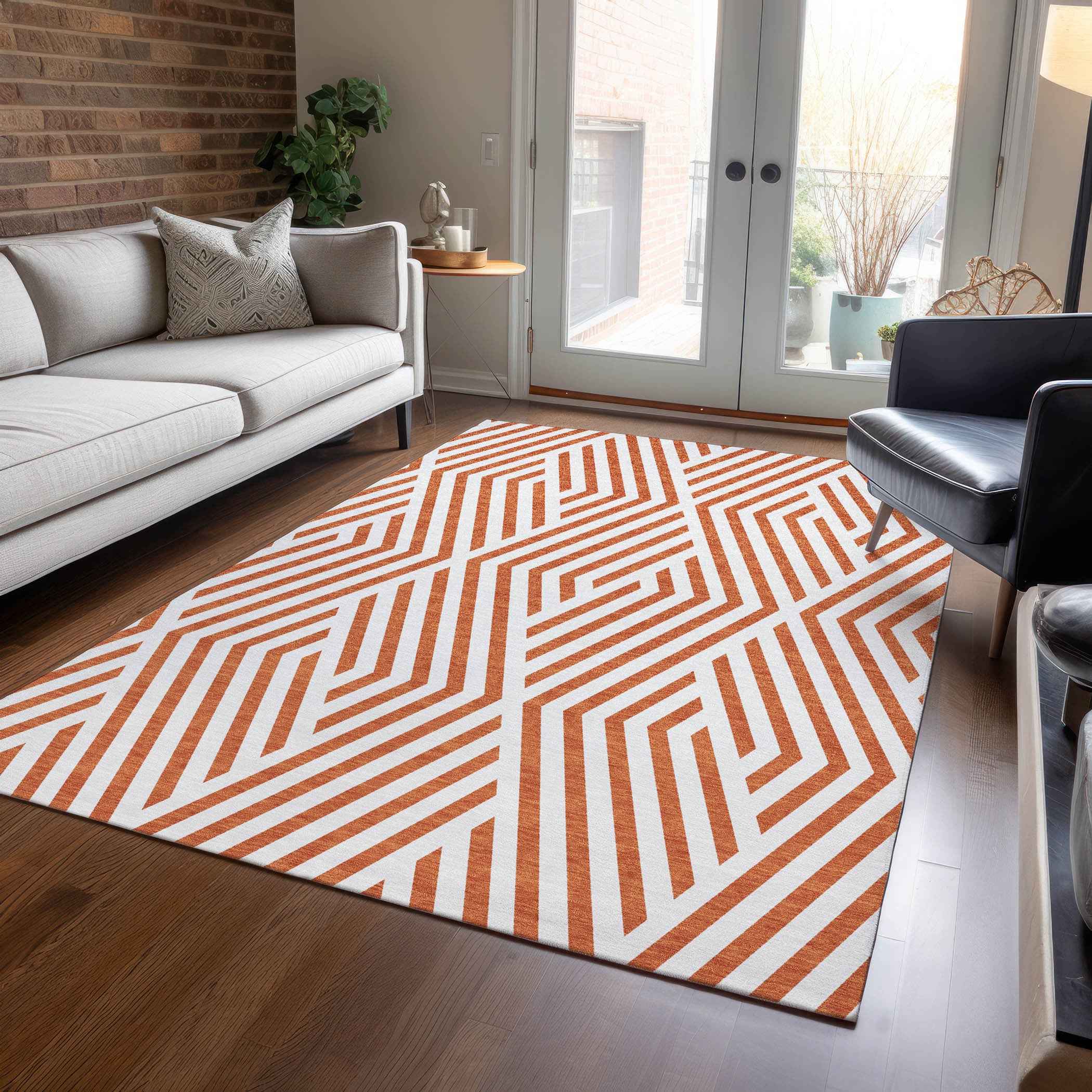 3' X 5' Orange And White Geometric Washable Indoor Outdoor Area Rug