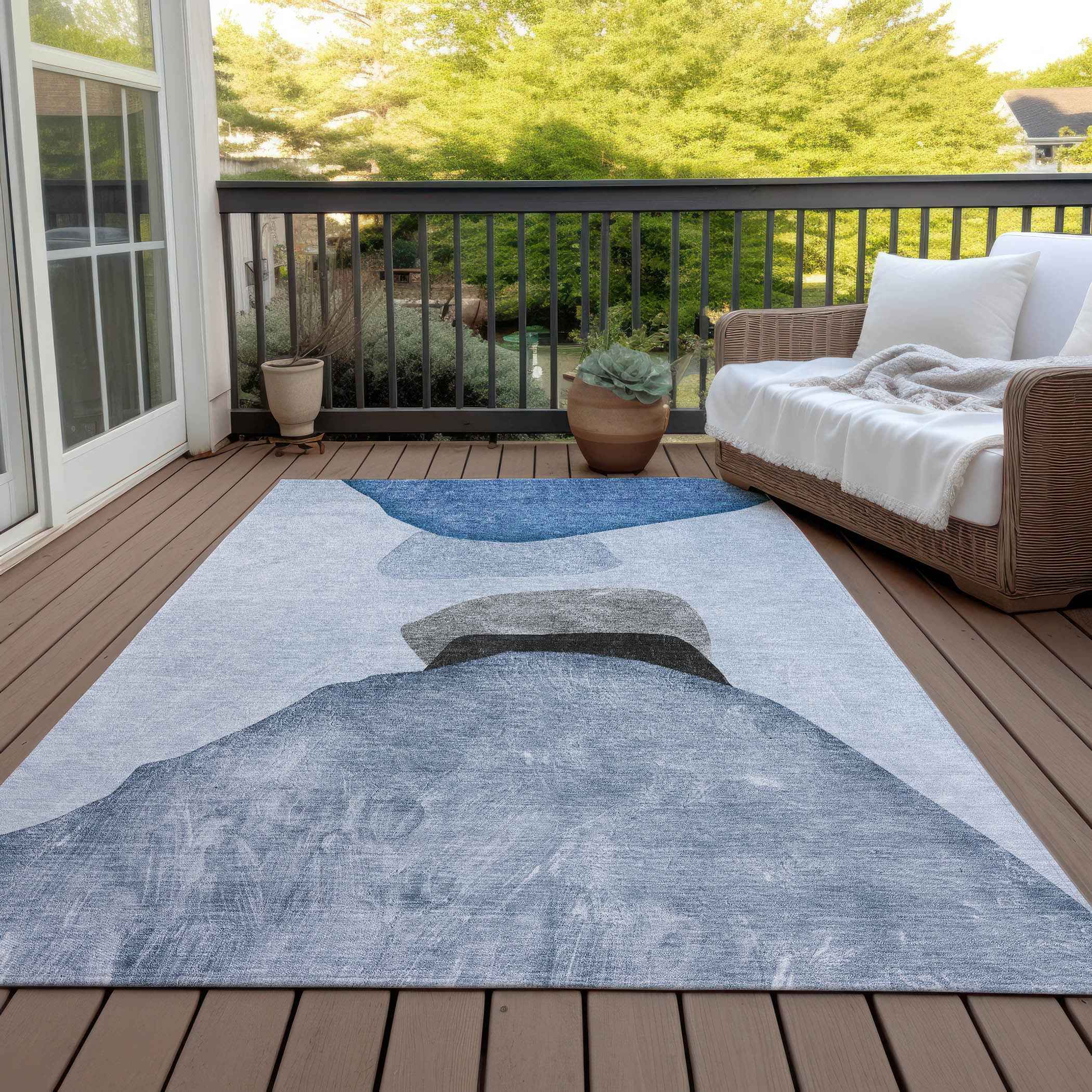 3' X 5' Blue Gray and Black Abstract Washable Non Skid Indoor Outdoor Area Rug