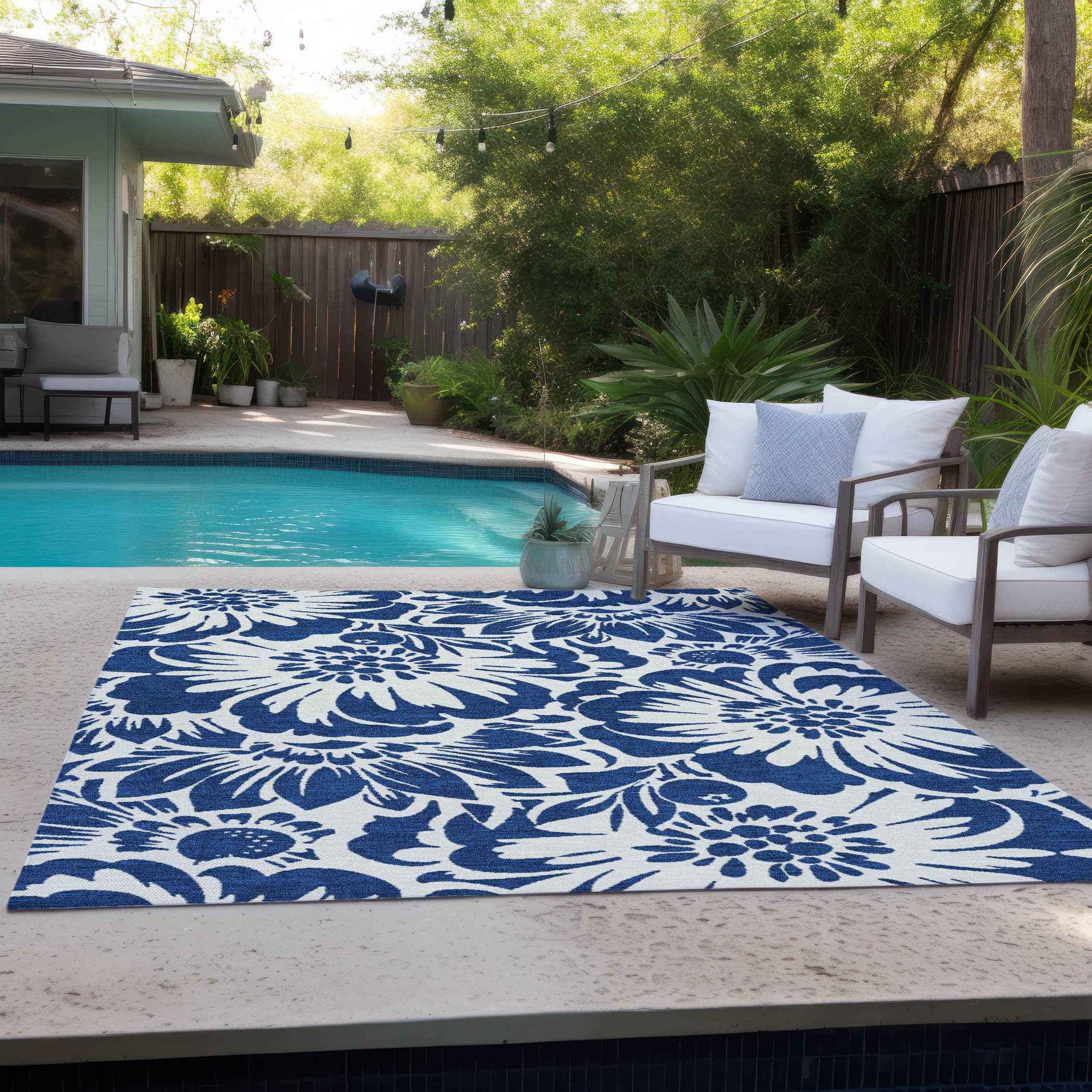 8' X 10' Navy and Ivory Floral Washable Non Skid Indoor Outdoor Area Rug