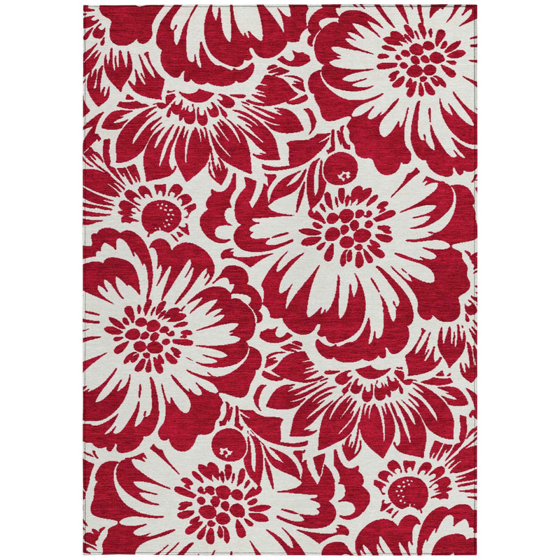 5' X 8' Burgundy and White Floral Washable Non Skid Indoor Outdoor Area Rug
