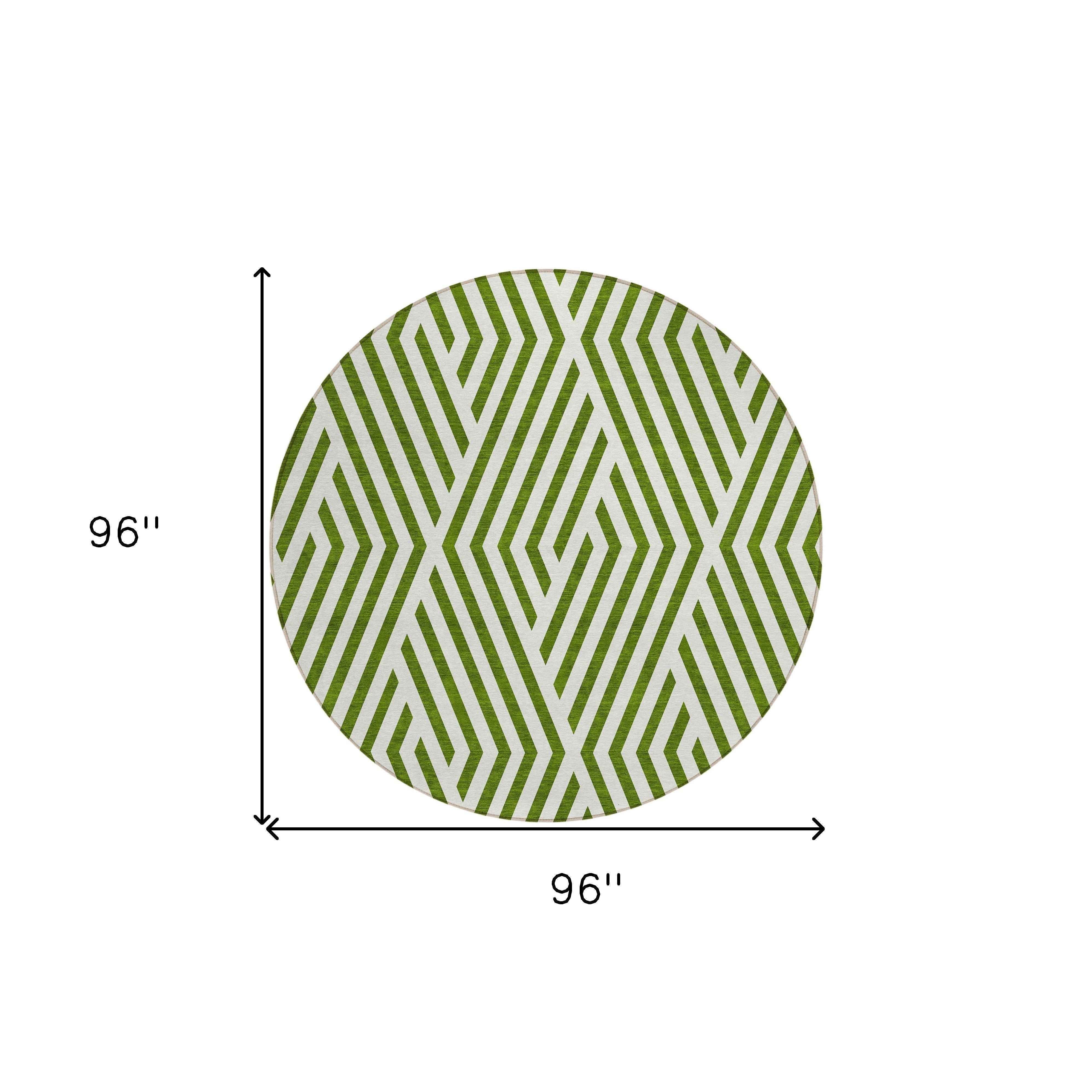 8' Round Lime Green and White Round Geometric Washable Non Skid Indoor Outdoor Area Rug