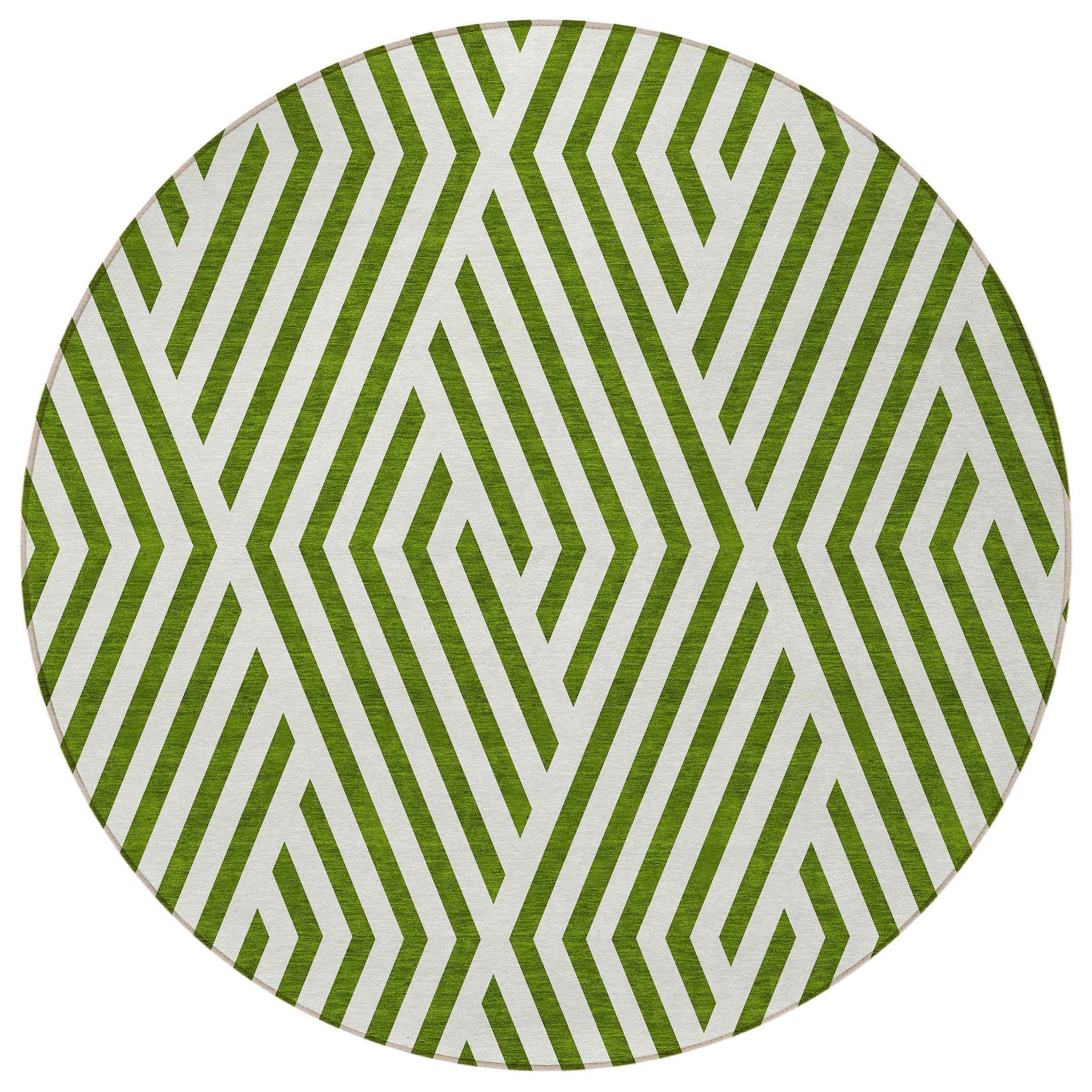 8' Round Lime Green and White Round Geometric Washable Non Skid Indoor Outdoor Area Rug