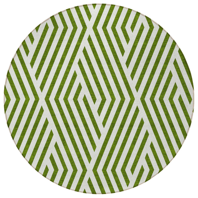 8' Round Lime Green and White Round Geometric Washable Non Skid Indoor Outdoor Area Rug