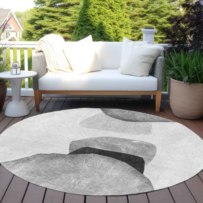 8' Round Gray and Black Round Abstract Washable Non Skid Indoor Outdoor Area Rug