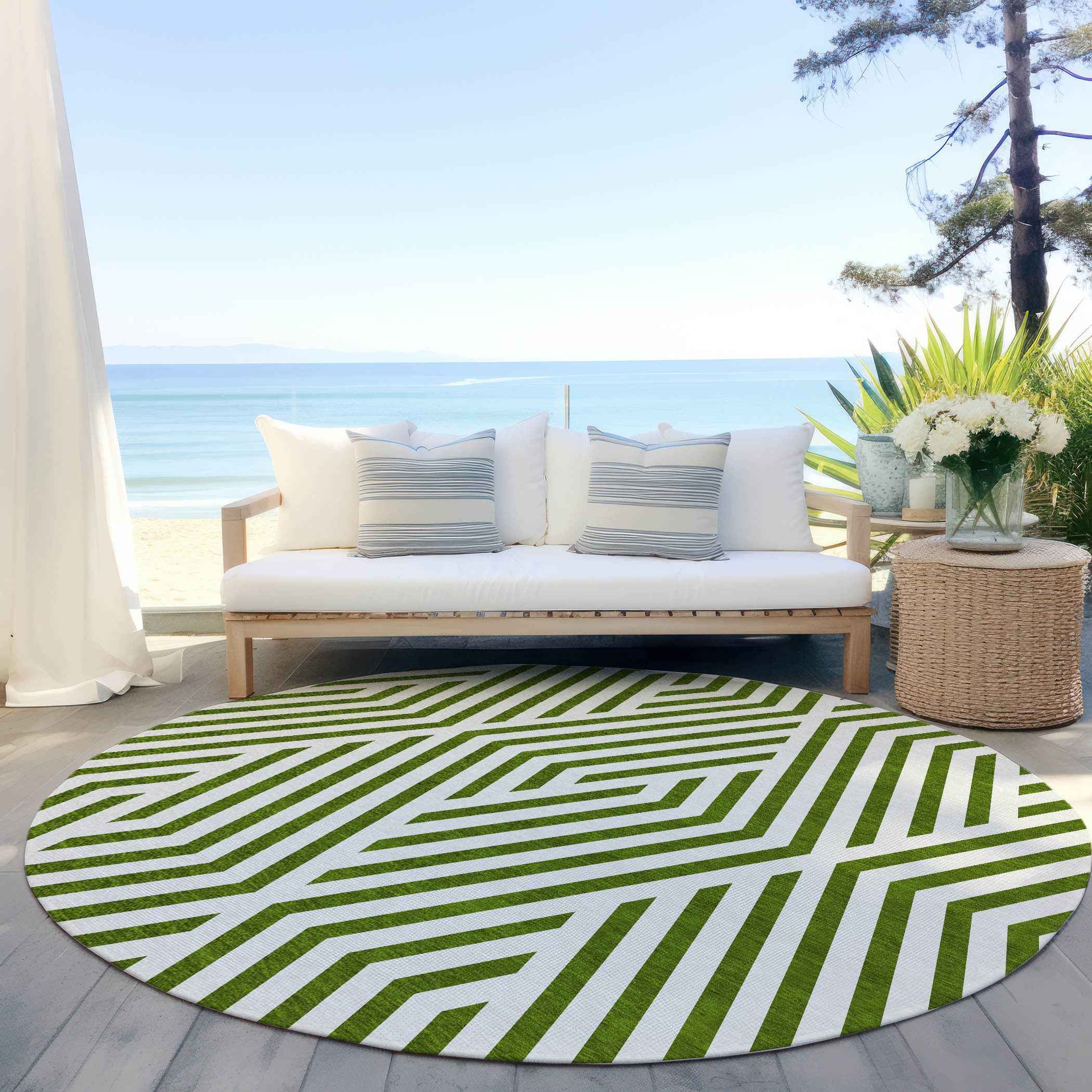 8' Round Lime Green and White Round Geometric Washable Non Skid Indoor Outdoor Area Rug