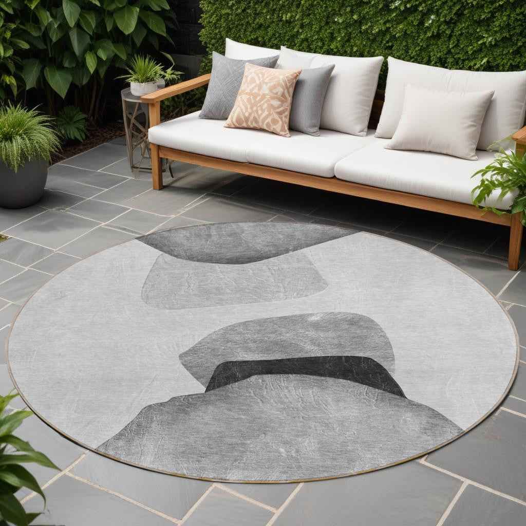 8' Round Gray and Black Round Abstract Washable Non Skid Indoor Outdoor Area Rug
