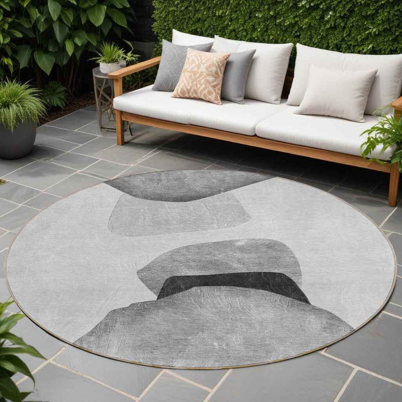8' Round Gray and Black Round Abstract Washable Non Skid Indoor Outdoor Area Rug