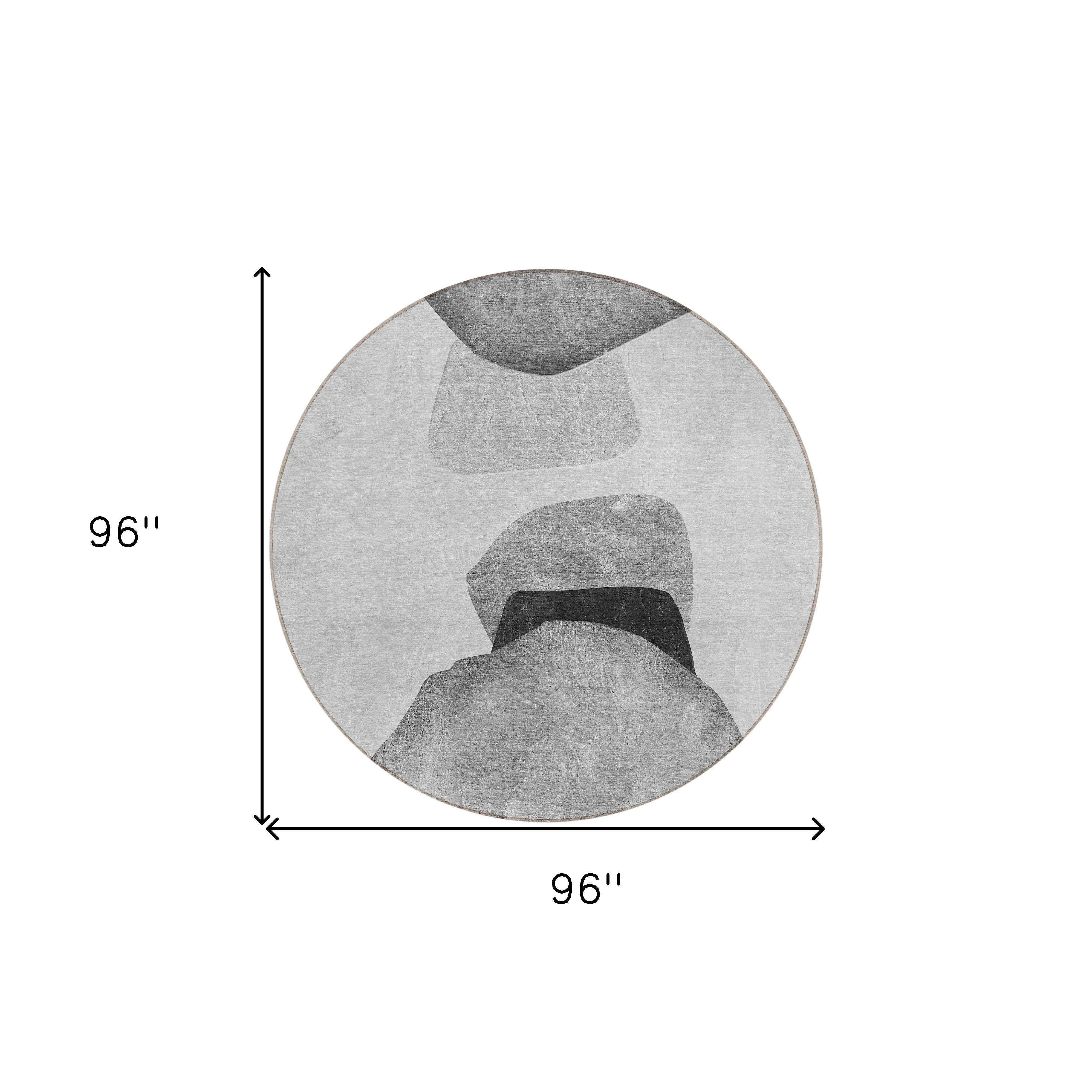 8' Round Gray and Black Round Abstract Washable Non Skid Indoor Outdoor Area Rug