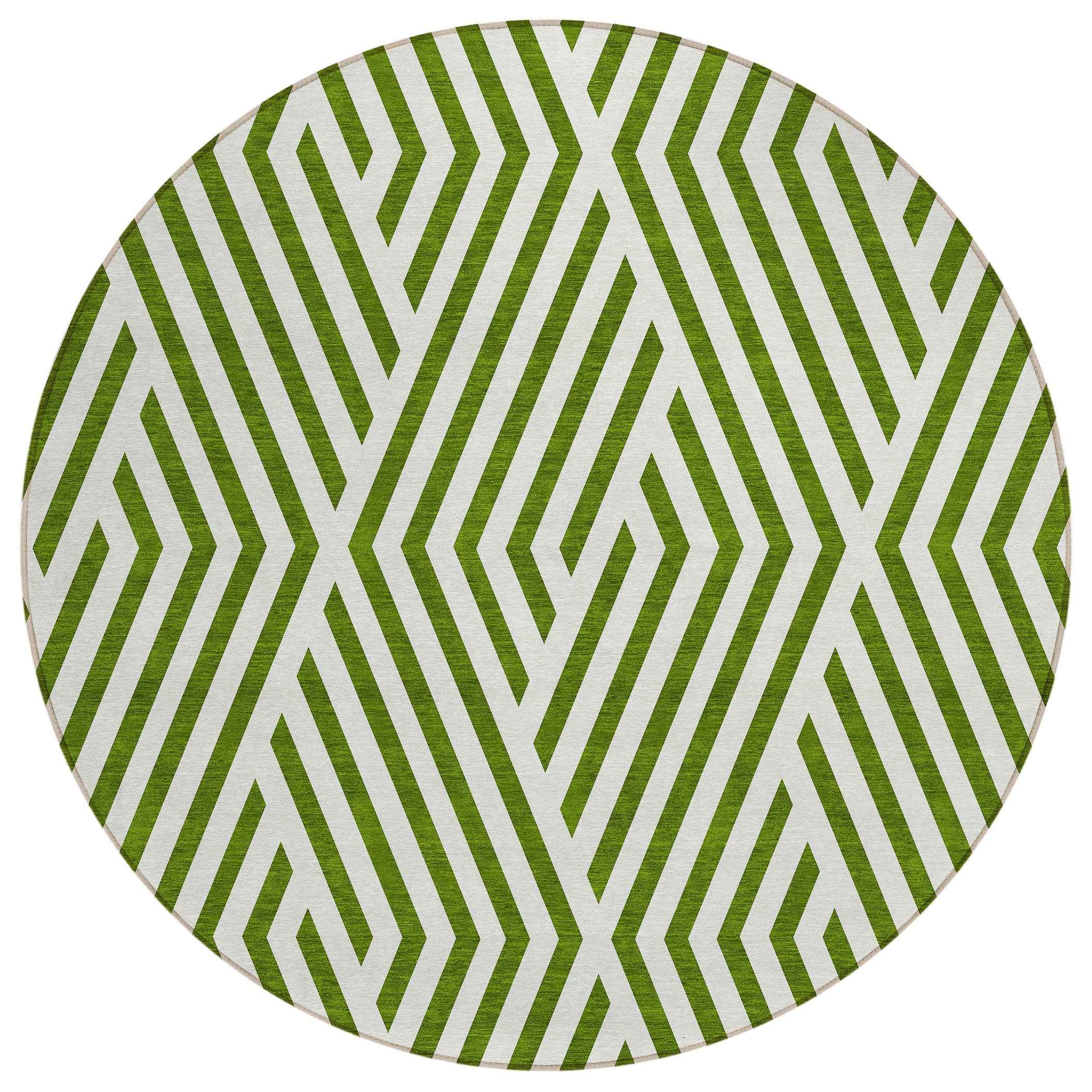 8' Round Lime Green and White Round Geometric Washable Non Skid Indoor Outdoor Area Rug