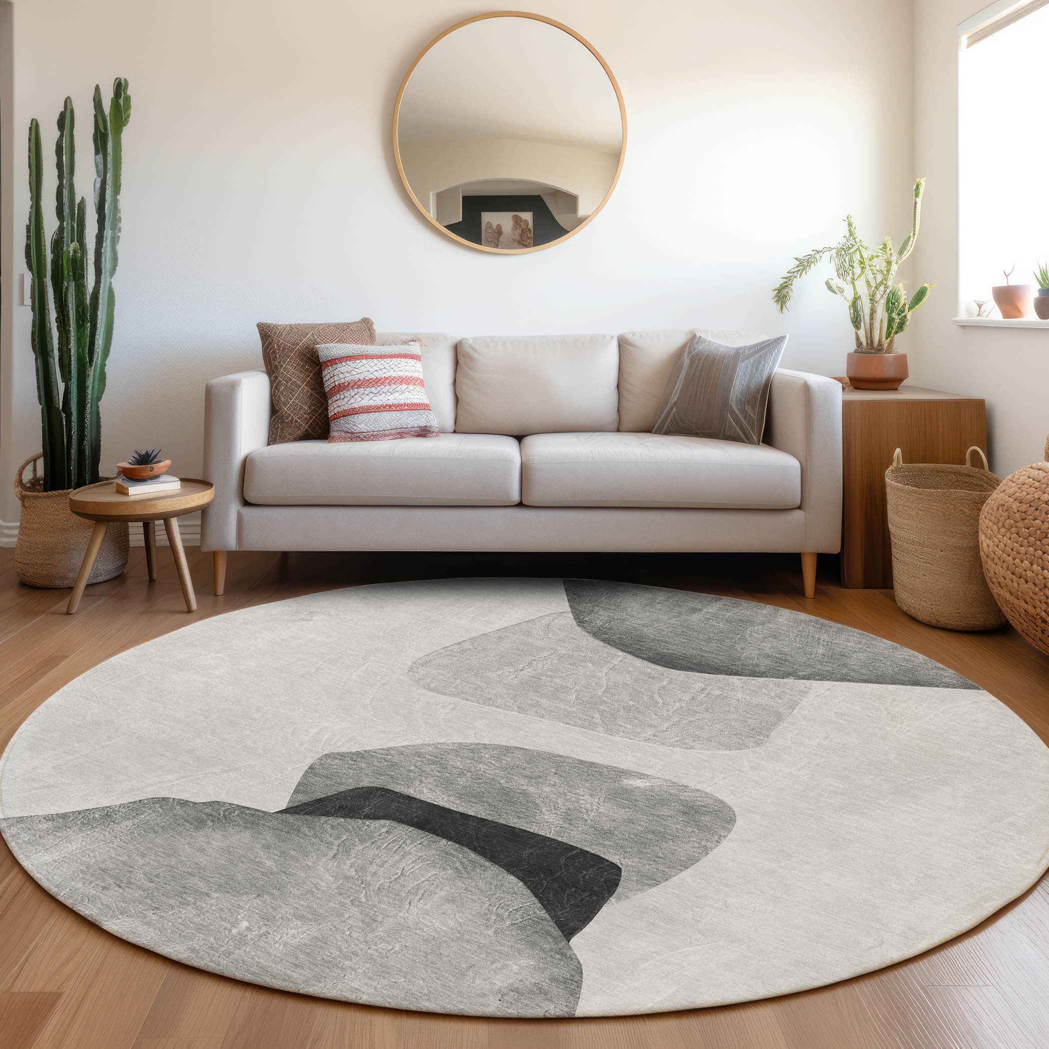 8' Round Gray and Black Round Abstract Washable Non Skid Indoor Outdoor Area Rug