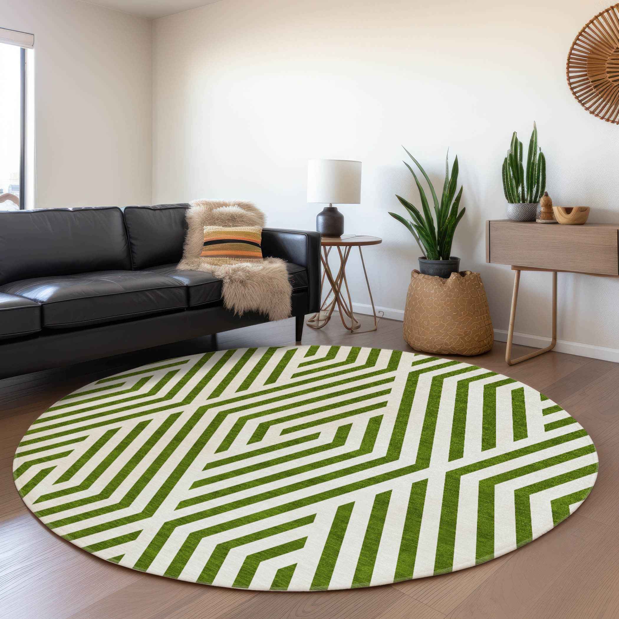 8' Round Lime Green and White Round Geometric Washable Non Skid Indoor Outdoor Area Rug