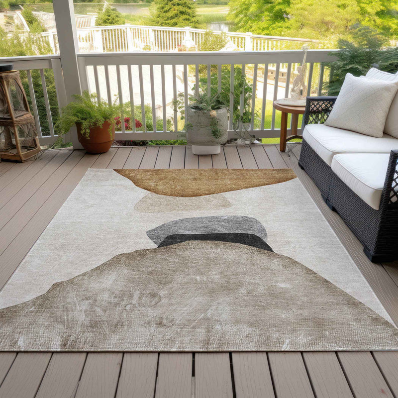 3' X 5' Tan Brown and Gray Abstract Washable Non Skid Indoor Outdoor Area Rug