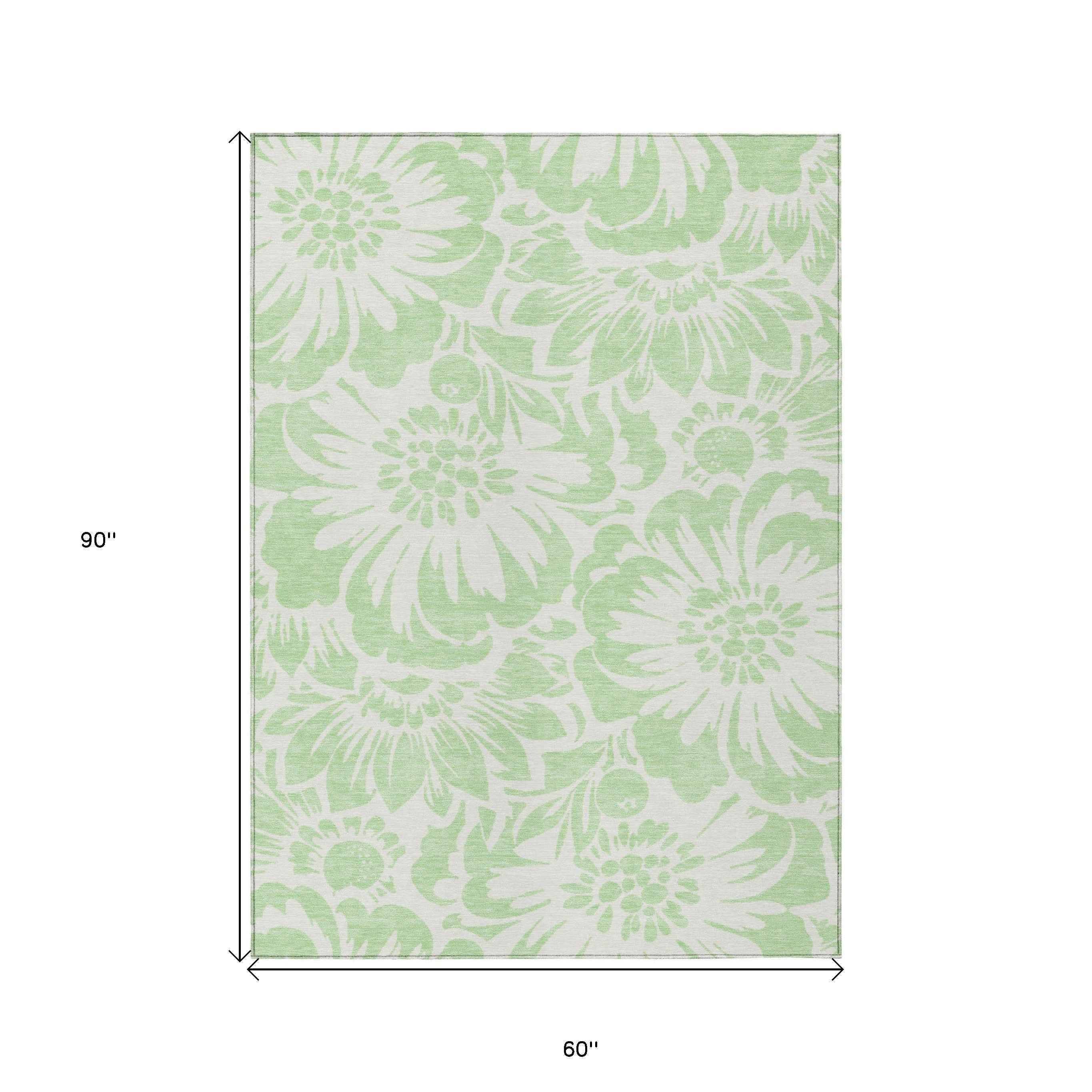5' X 8' Mint Green and Ivory Floral Washable Non Skid Indoor Outdoor Area Rug