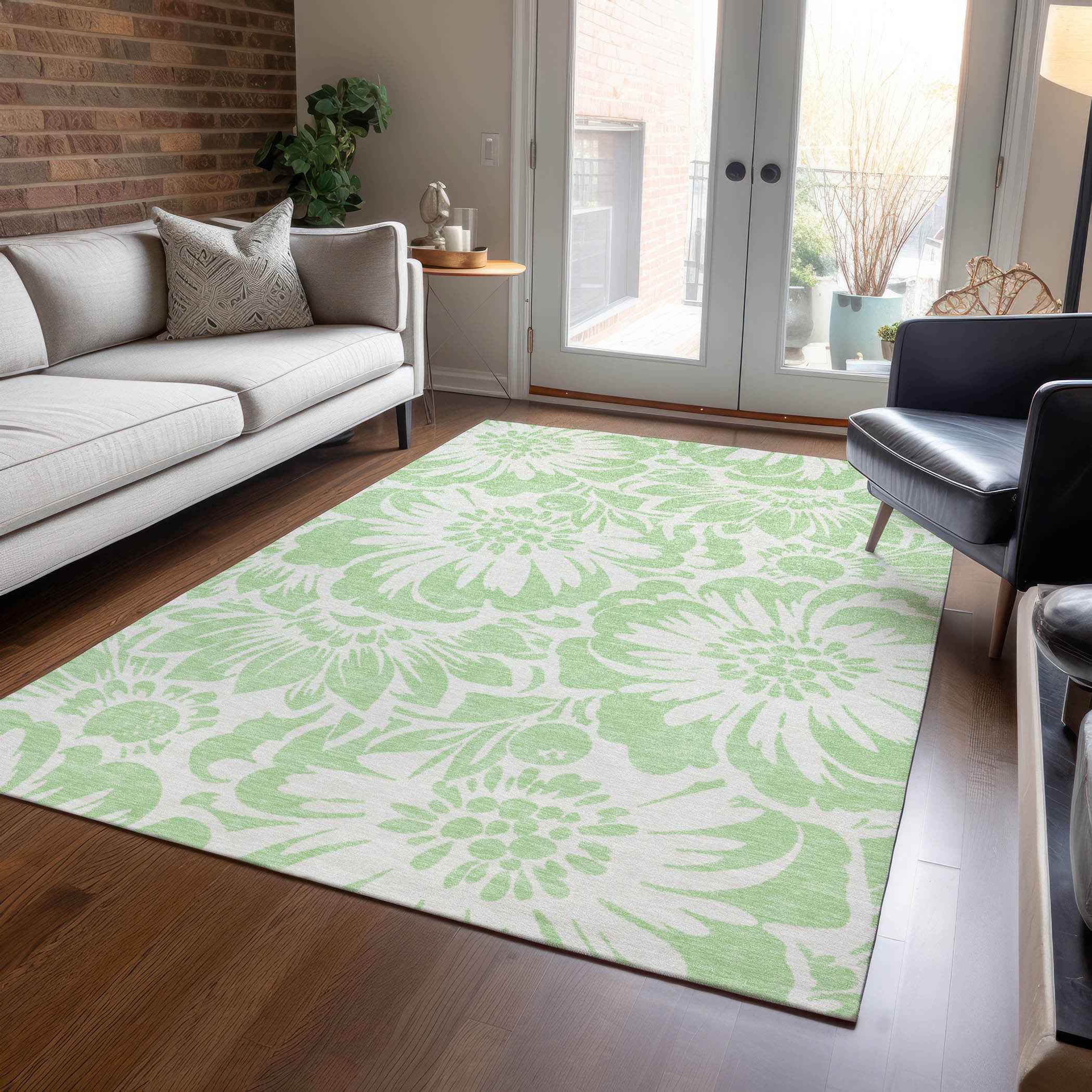 5' X 8' Mint Green and Ivory Floral Washable Non Skid Indoor Outdoor Area Rug