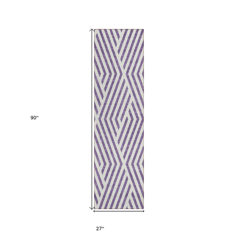 8' Runner Purple and White Geometric Washable Non Skid Indoor Outdoor Runner Rug