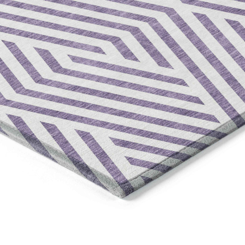 8' Runner Purple and White Geometric Washable Non Skid Indoor Outdoor Runner Rug