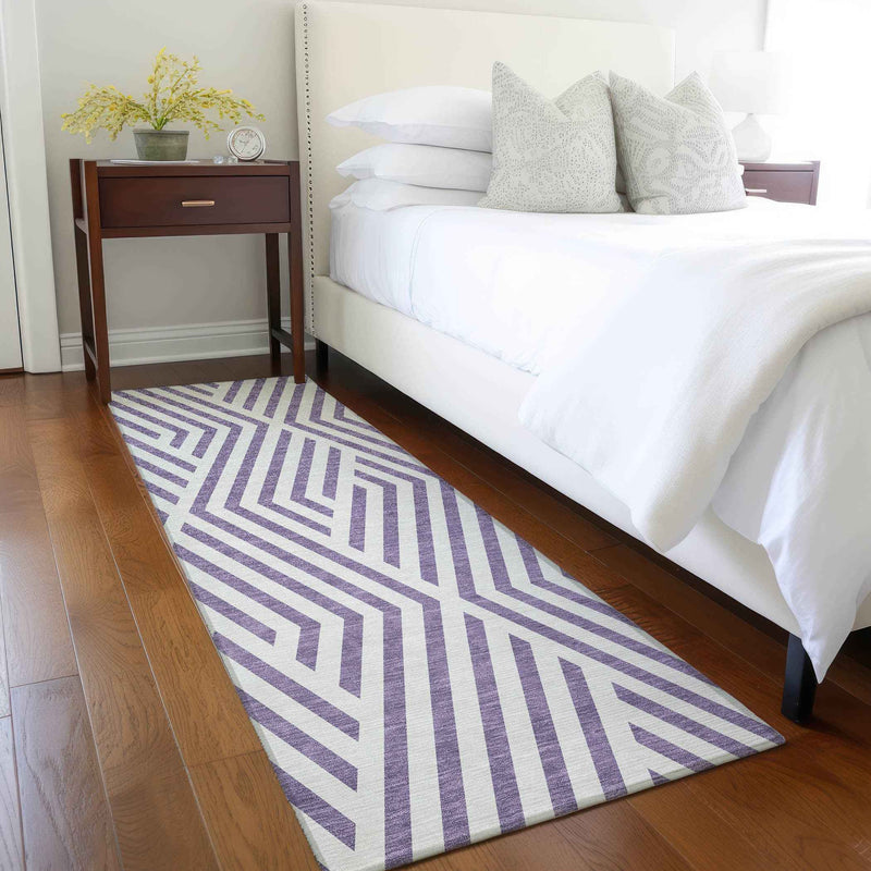 8' Runner Purple and White Geometric Washable Non Skid Indoor Outdoor Runner Rug