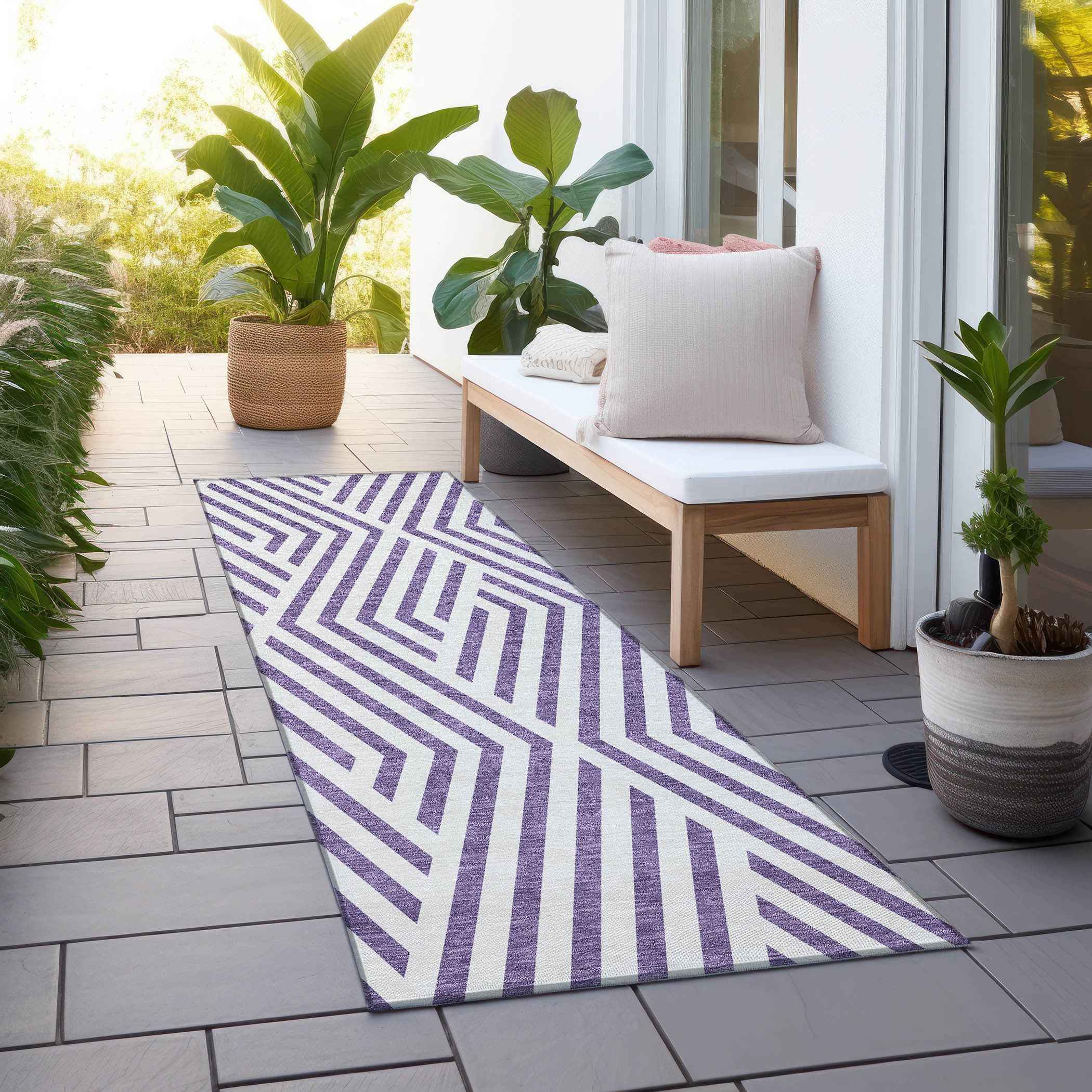 8' Runner Purple and White Geometric Washable Non Skid Indoor Outdoor Runner Rug