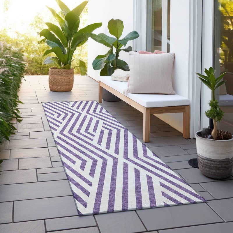 8' Runner Purple and White Geometric Washable Non Skid Indoor Outdoor Runner Rug