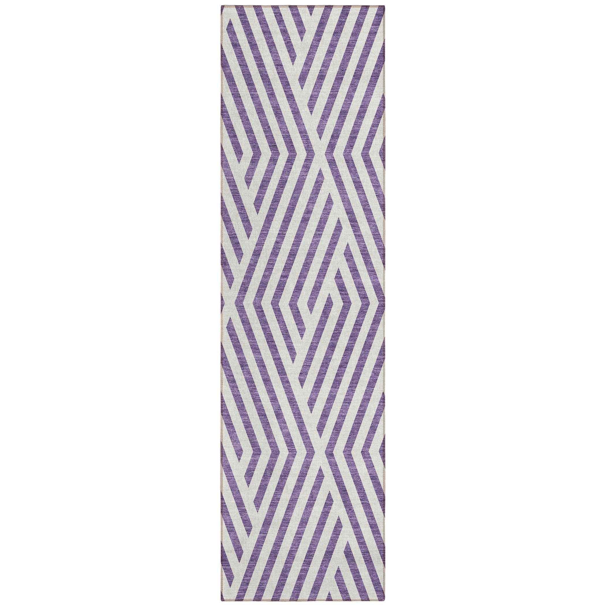 8' Runner Purple and White Geometric Washable Non Skid Indoor Outdoor Runner Rug