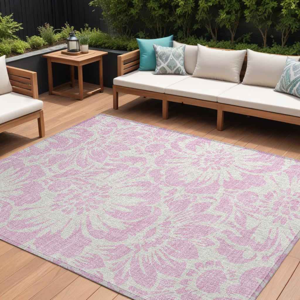 10' X 14' Pink and Ivory Floral Washable Non Skid Indoor Outdoor Area Rug
