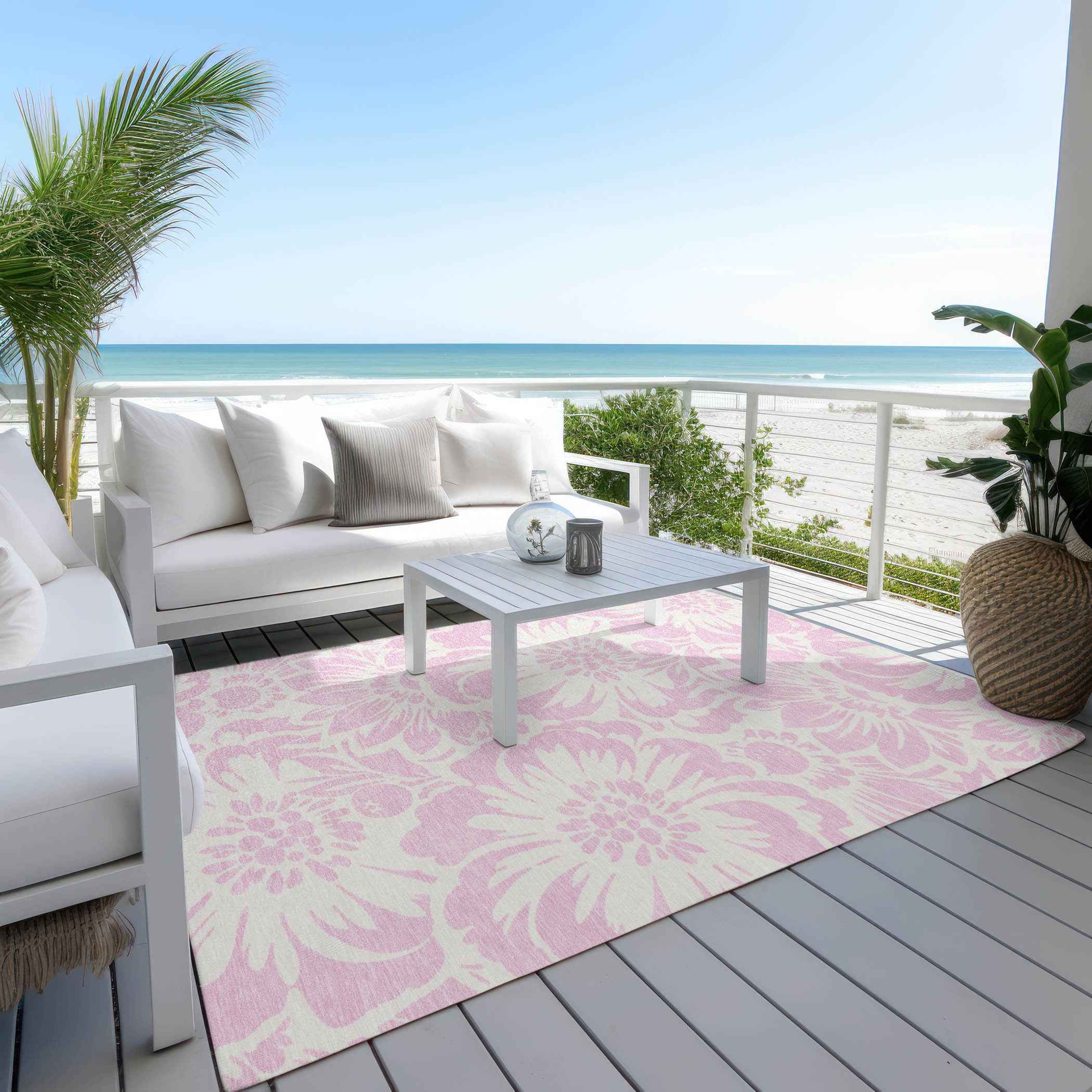 10' X 14' Pink and Ivory Floral Washable Non Skid Indoor Outdoor Area Rug