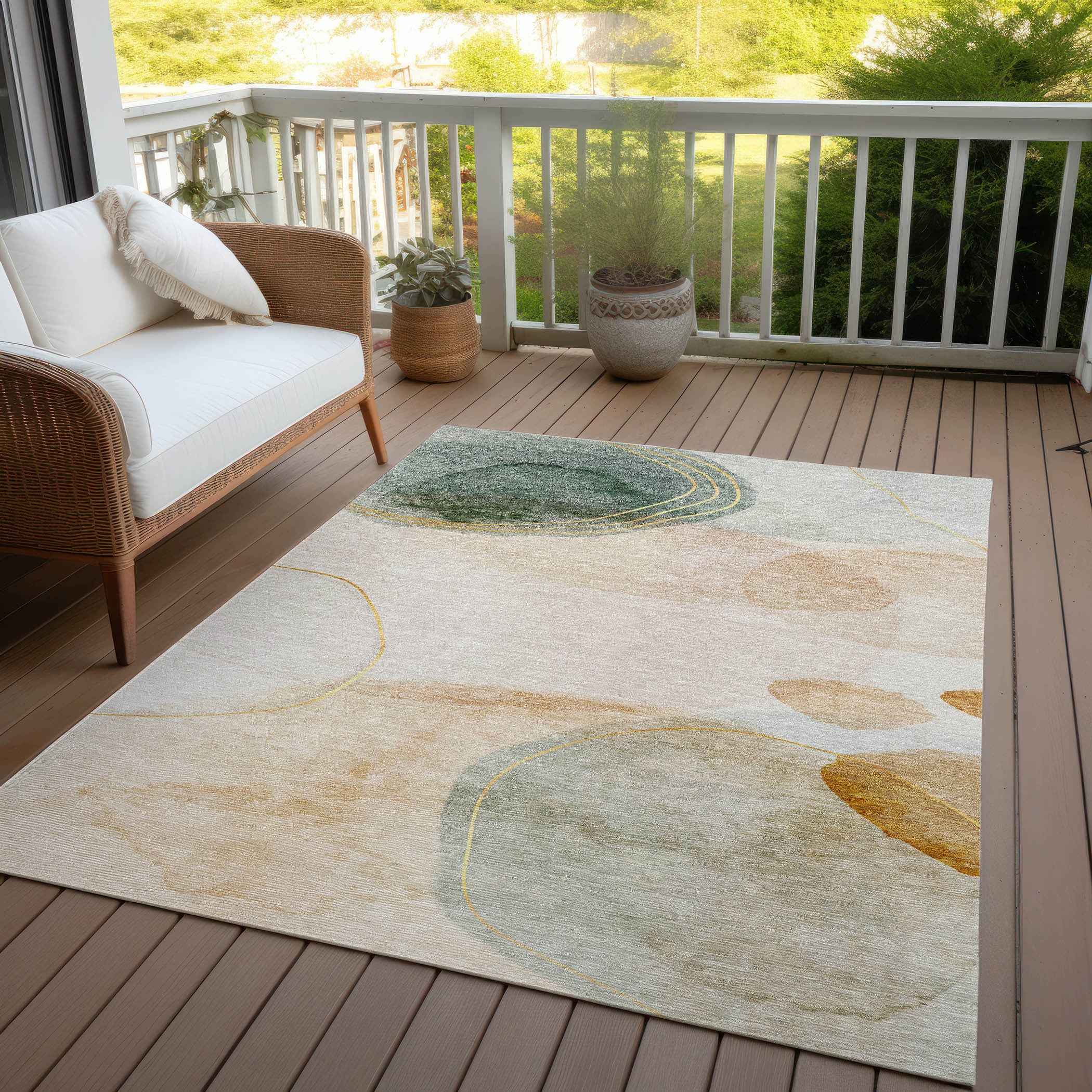 9' X 12' Beige and Green Abstract Washable Non Skid Indoor Outdoor Area Rug