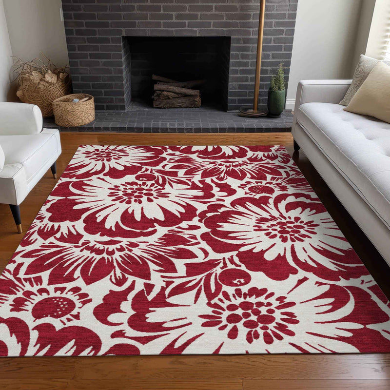 3' X 5' Burgundy and White Floral Washable Non Skid Indoor Outdoor Area Rug