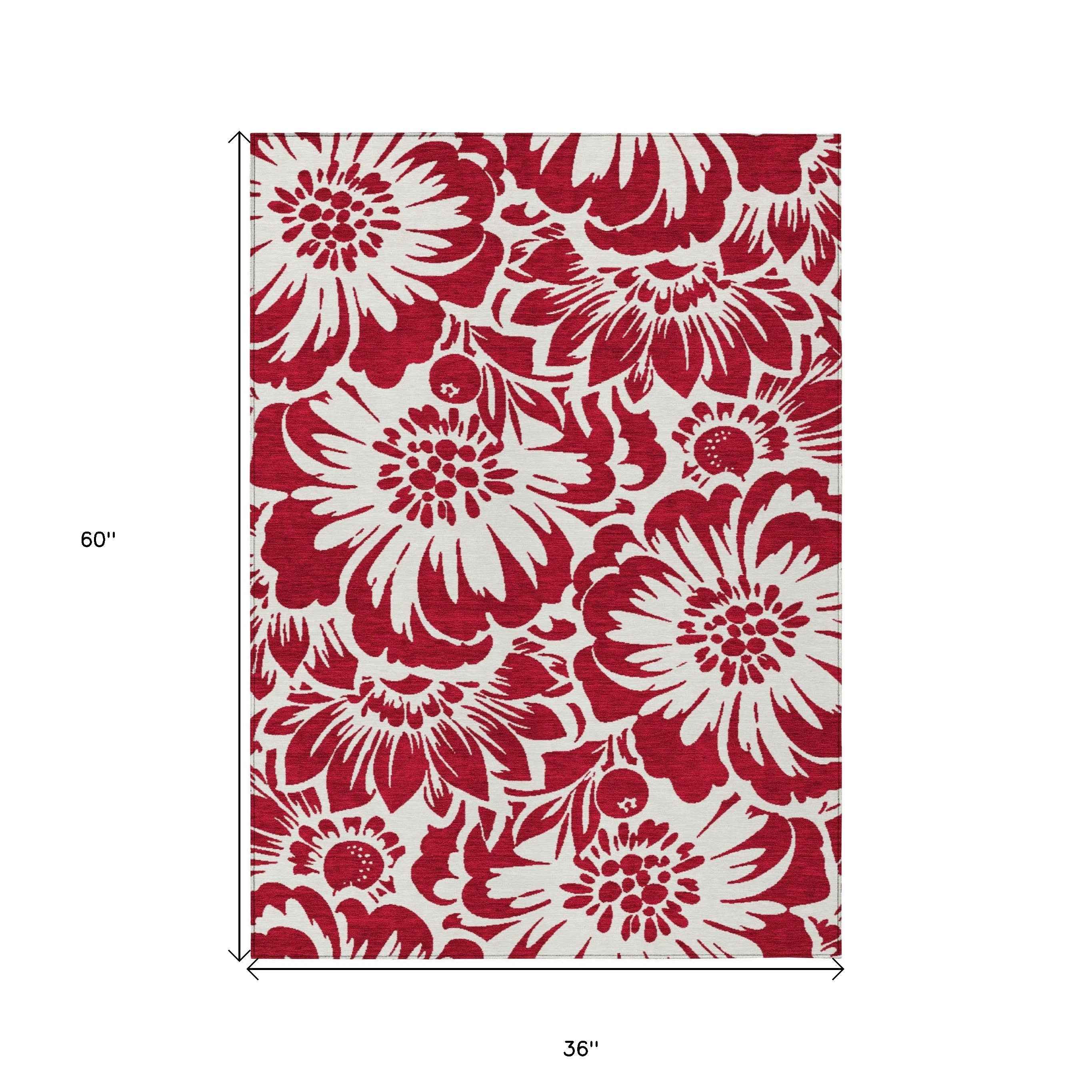 3' X 5' Burgundy and White Floral Washable Non Skid Indoor Outdoor Area Rug
