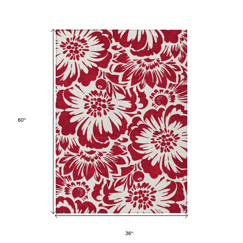 3' X 5' Burgundy and White Floral Washable Non Skid Indoor Outdoor Area Rug