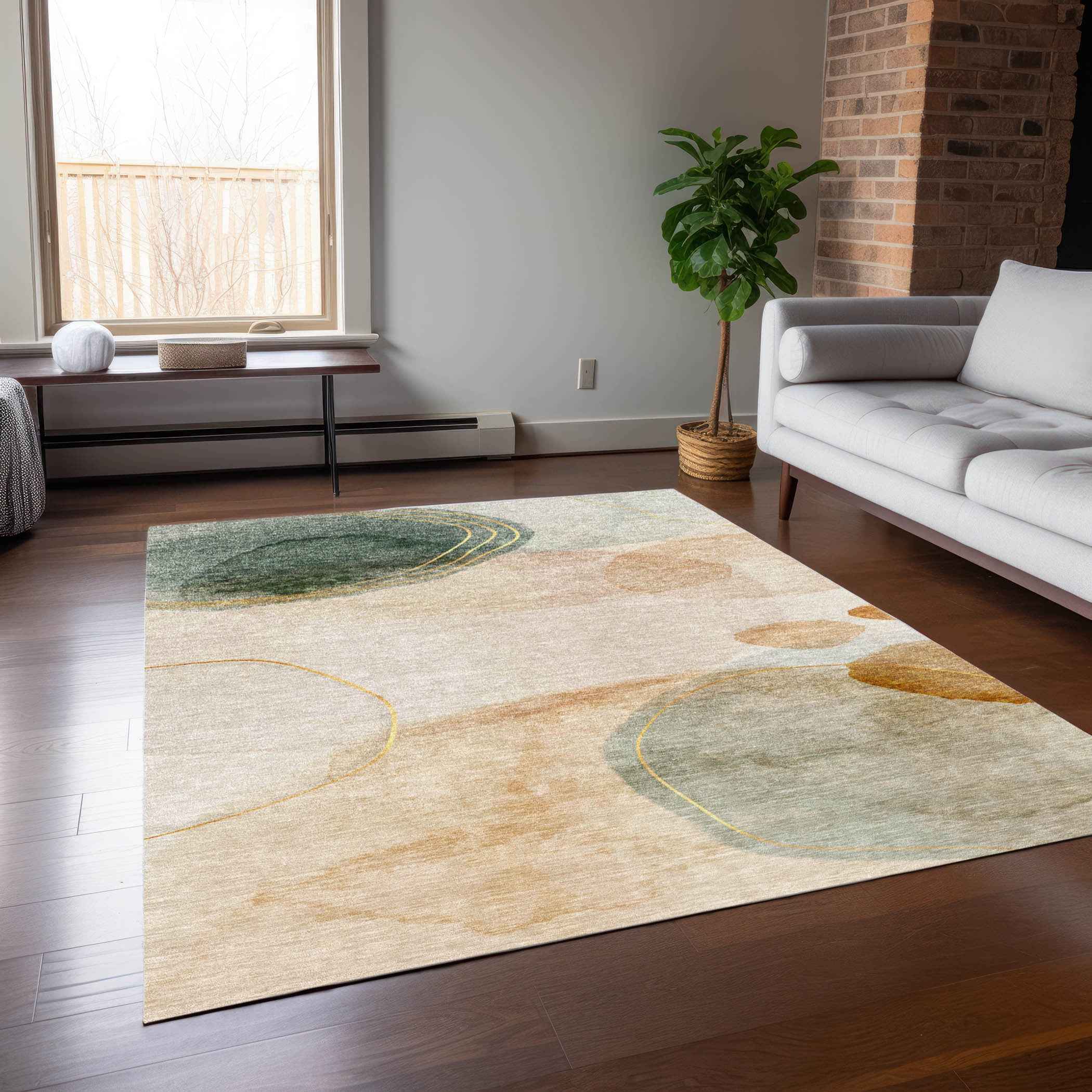 9' X 12' Beige and Green Abstract Washable Non Skid Indoor Outdoor Area Rug