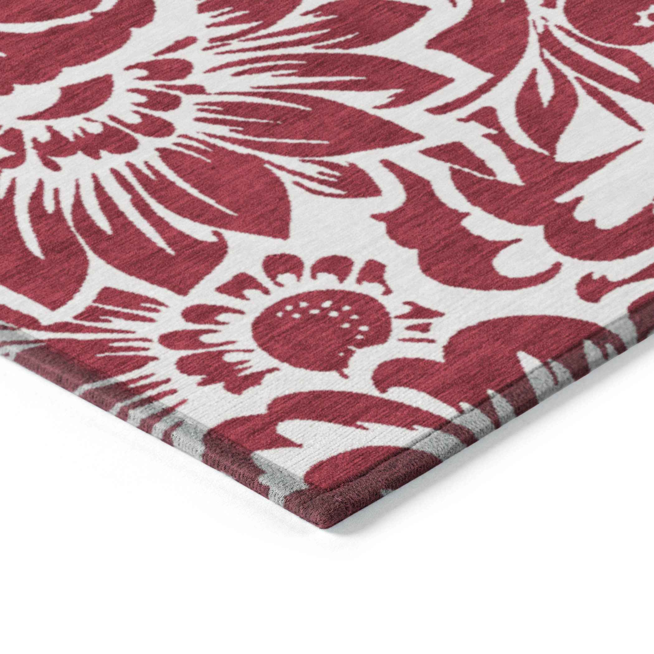 3' X 5' Burgundy and White Floral Washable Non Skid Indoor Outdoor Area Rug
