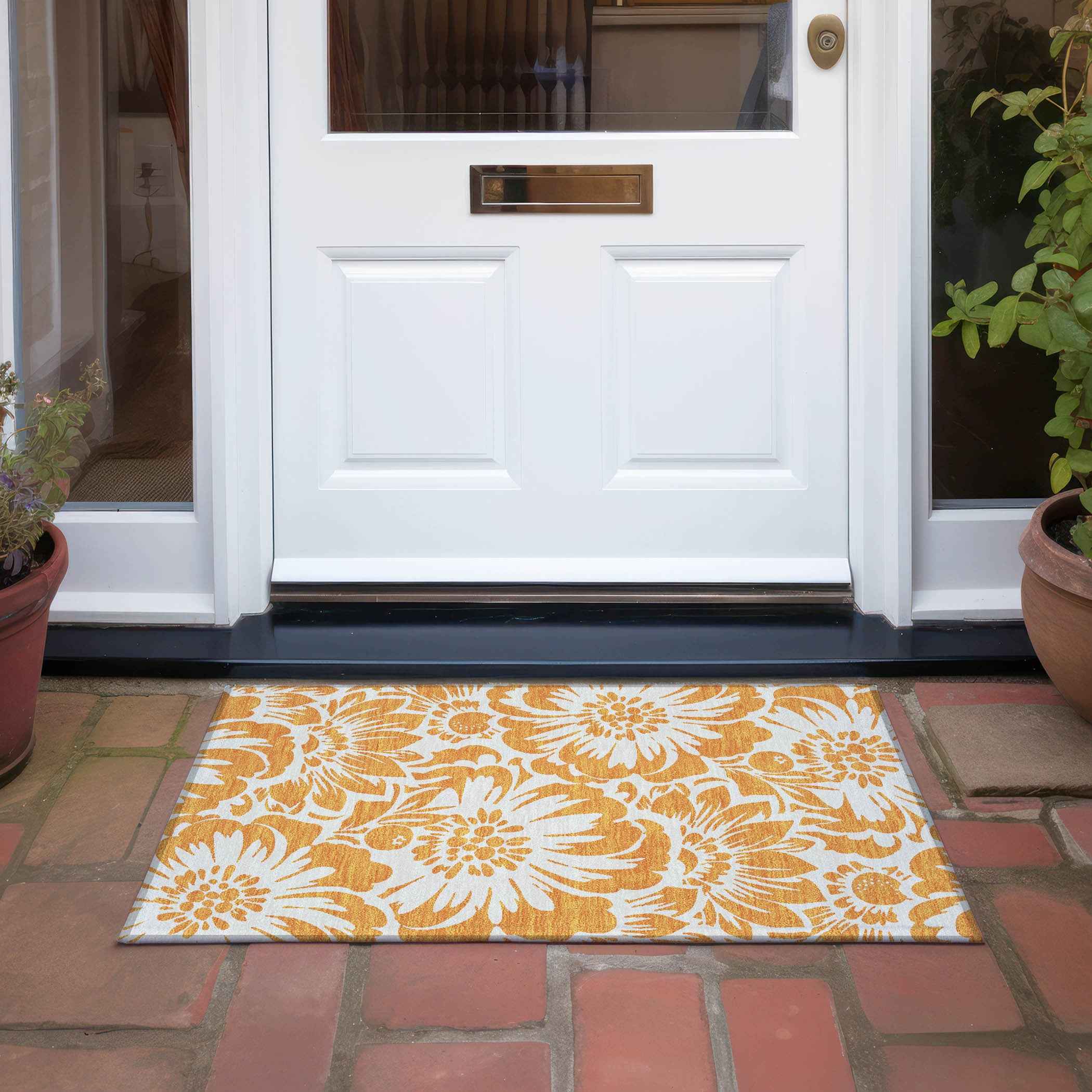 2' X 3' Orange and White Floral Washable Non Skid Indoor Outdoor Area Rug