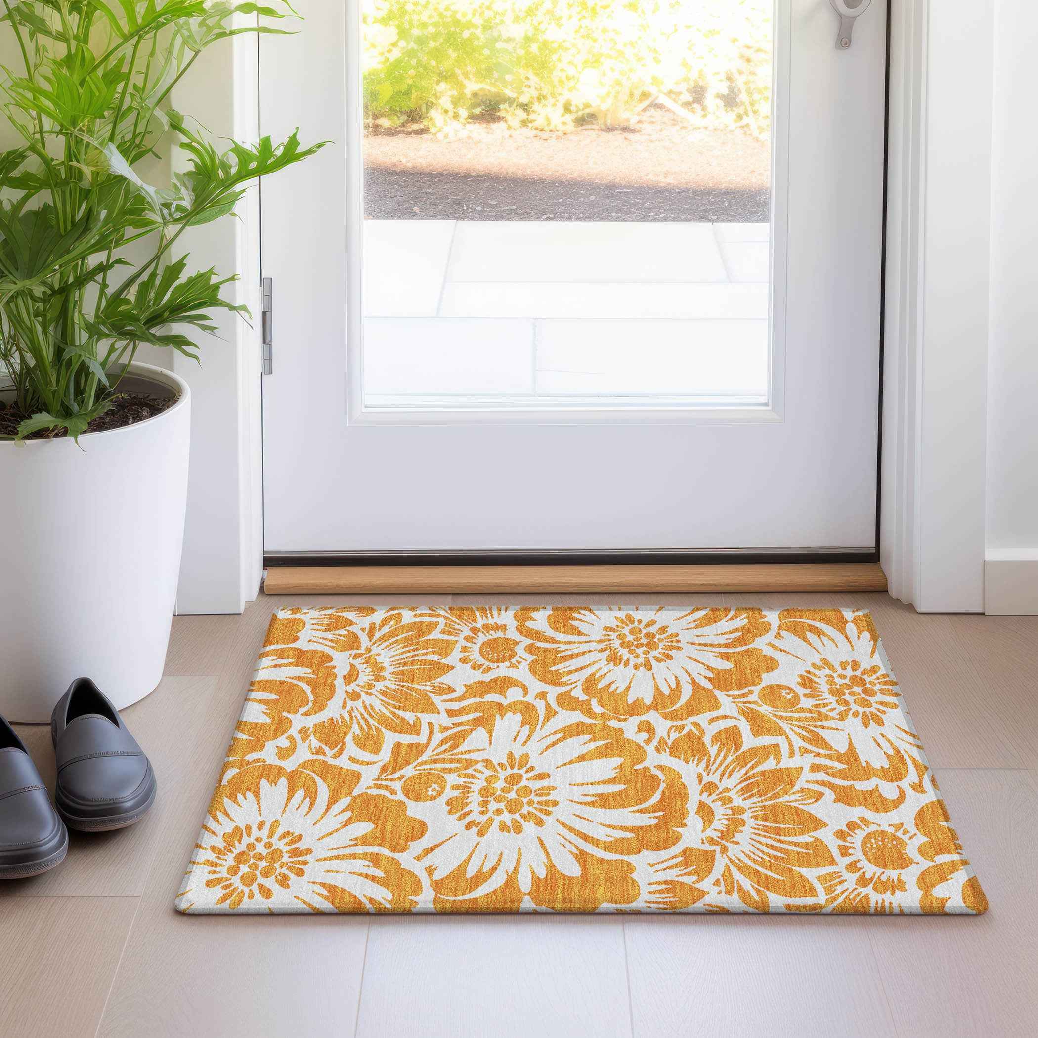 2' X 3' Orange and White Floral Washable Non Skid Indoor Outdoor Area Rug