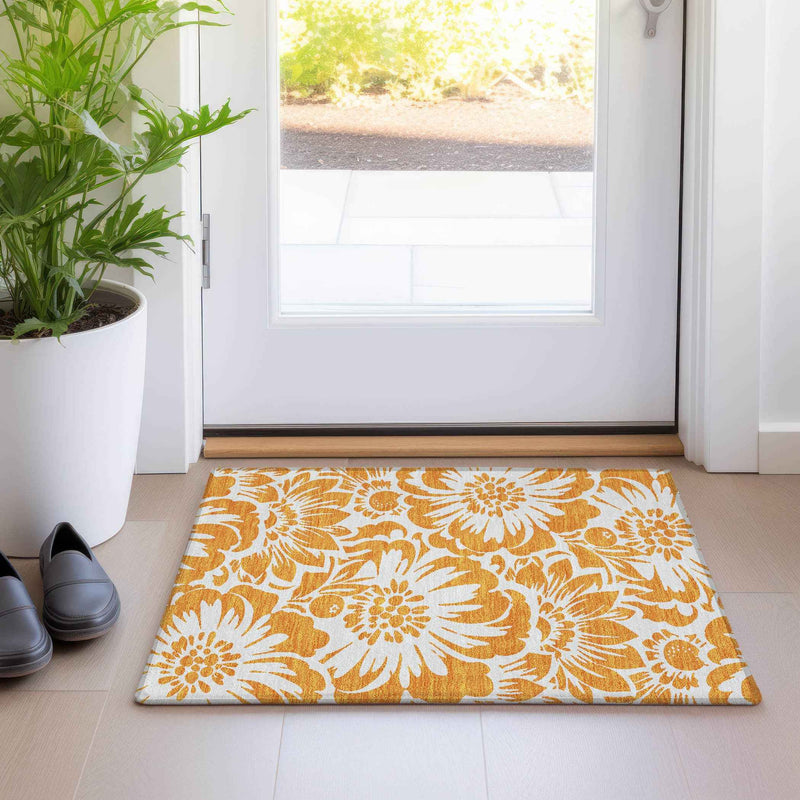 2' X 3' Orange and White Floral Washable Non Skid Indoor Outdoor Area Rug