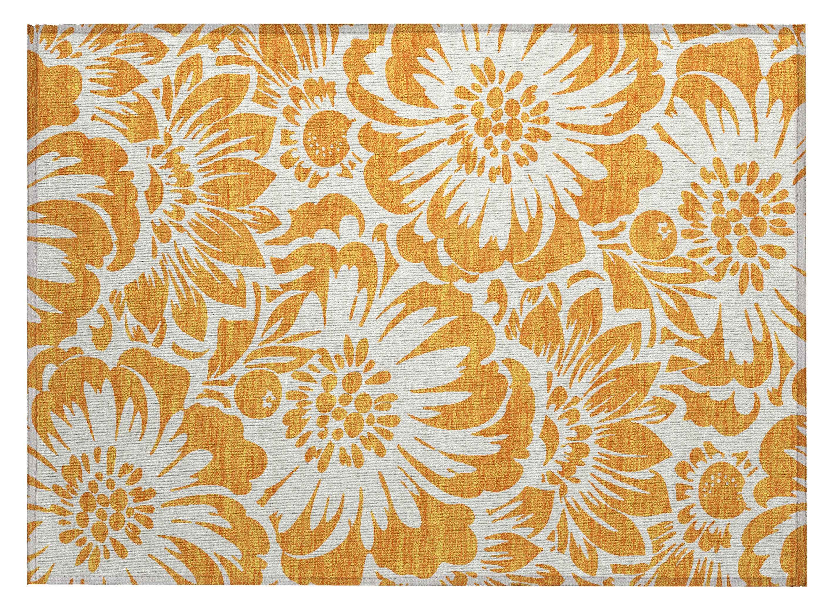 2' X 3' Orange and White Floral Washable Non Skid Indoor Outdoor Area Rug
