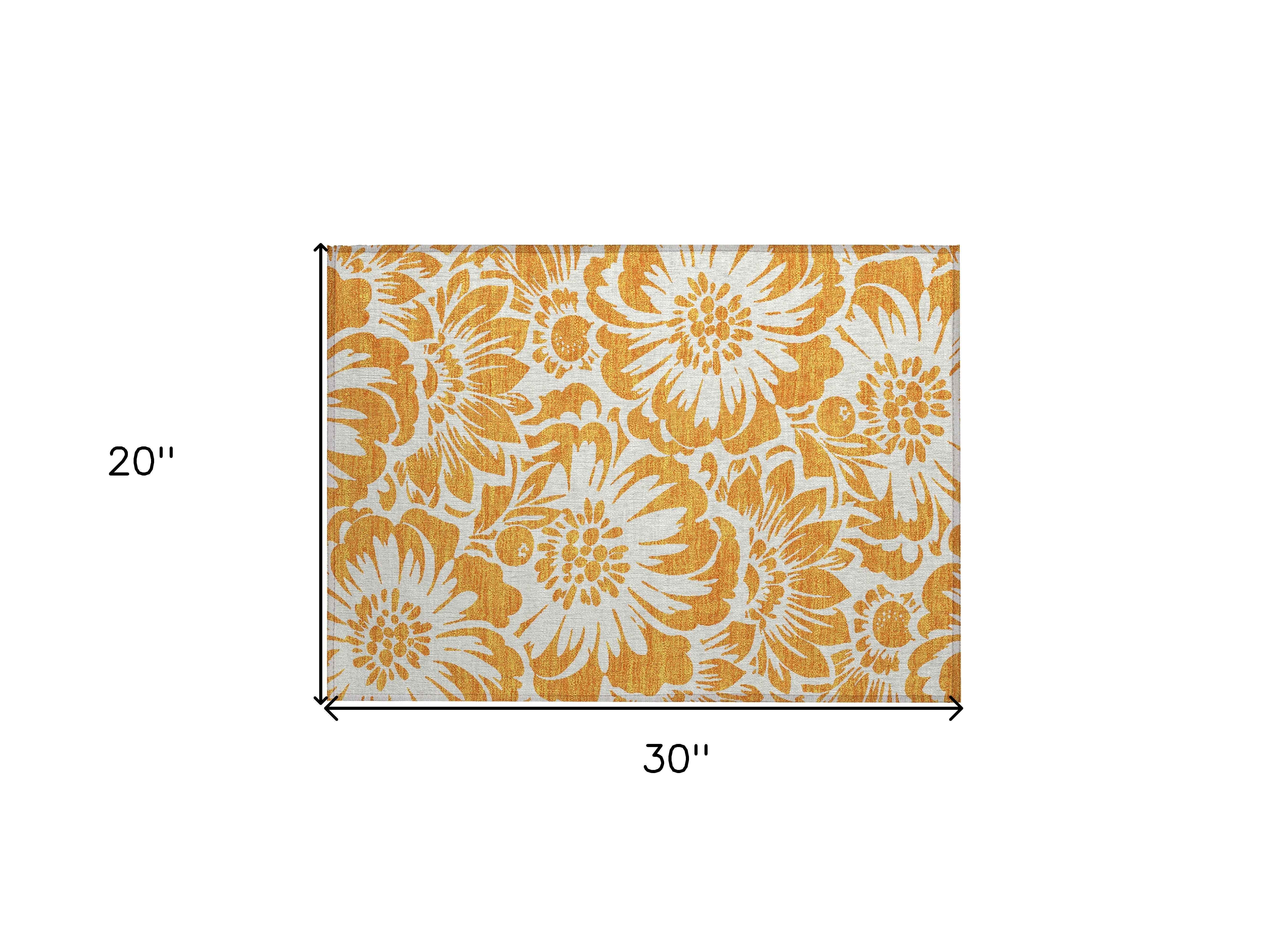 2' X 3' Orange and White Floral Washable Non Skid Indoor Outdoor Area Rug
