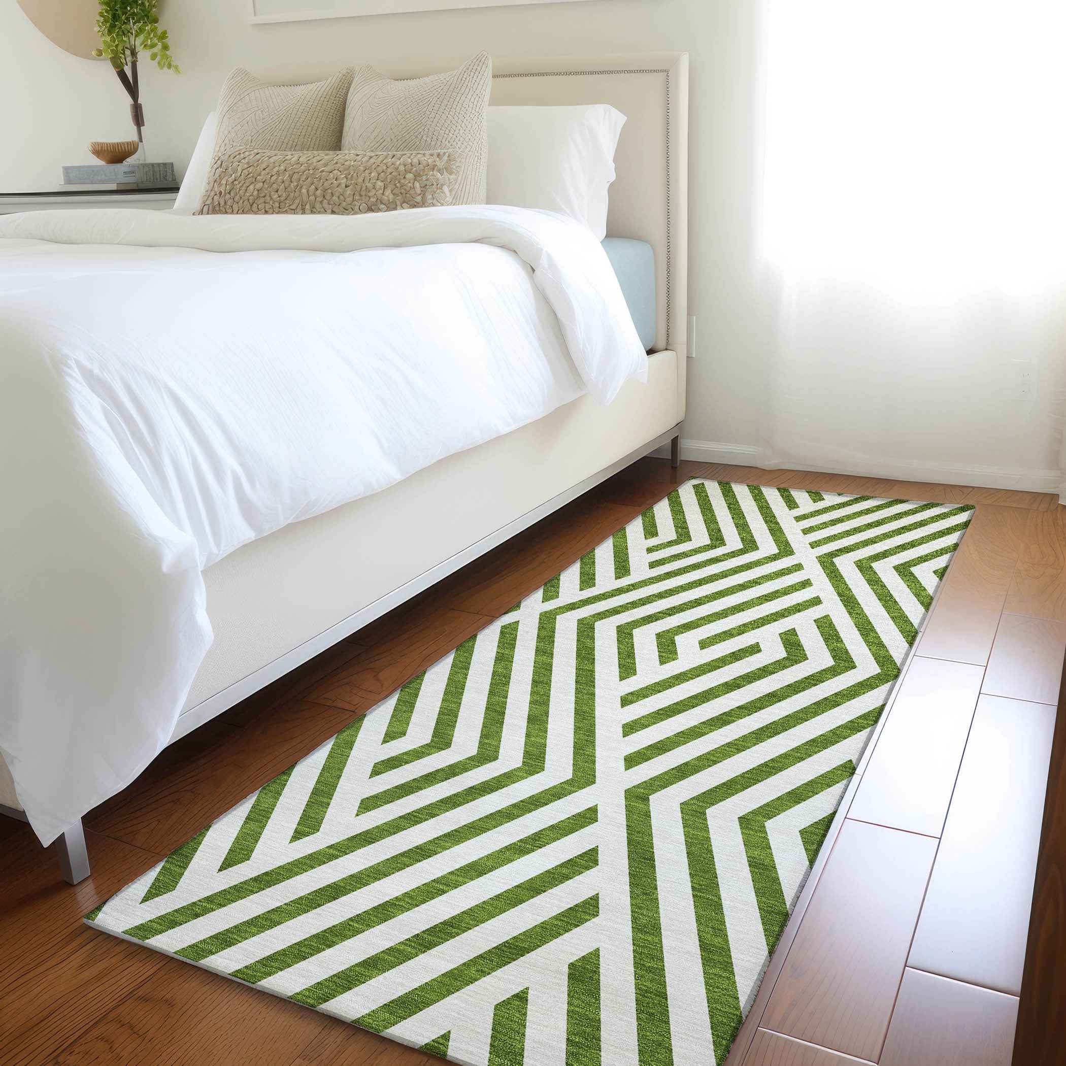 8' Runner Lime Green and White Geometric Washable Non Skid Indoor Outdoor Runner Rug