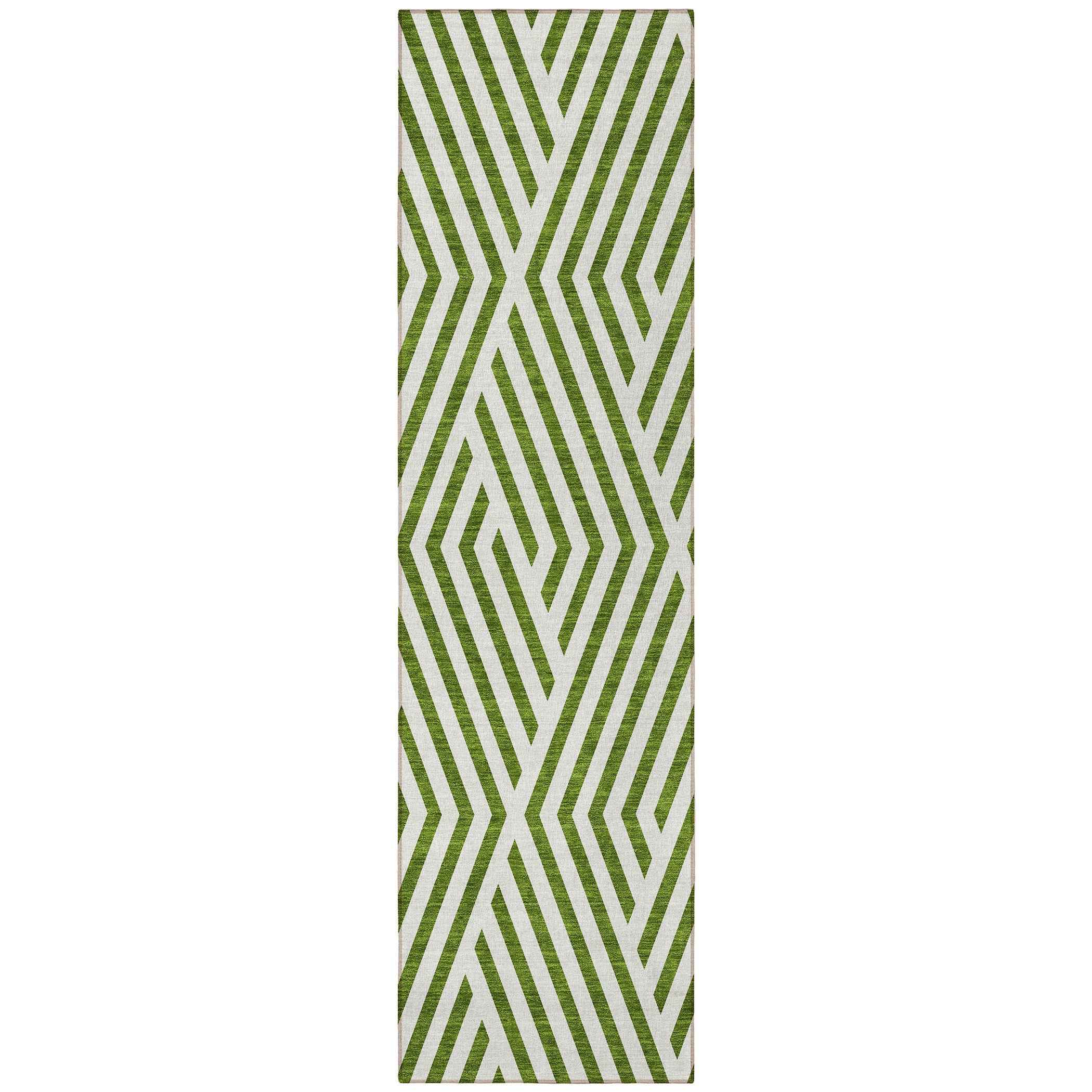 8' Runner Lime Green and White Geometric Washable Non Skid Indoor Outdoor Runner Rug