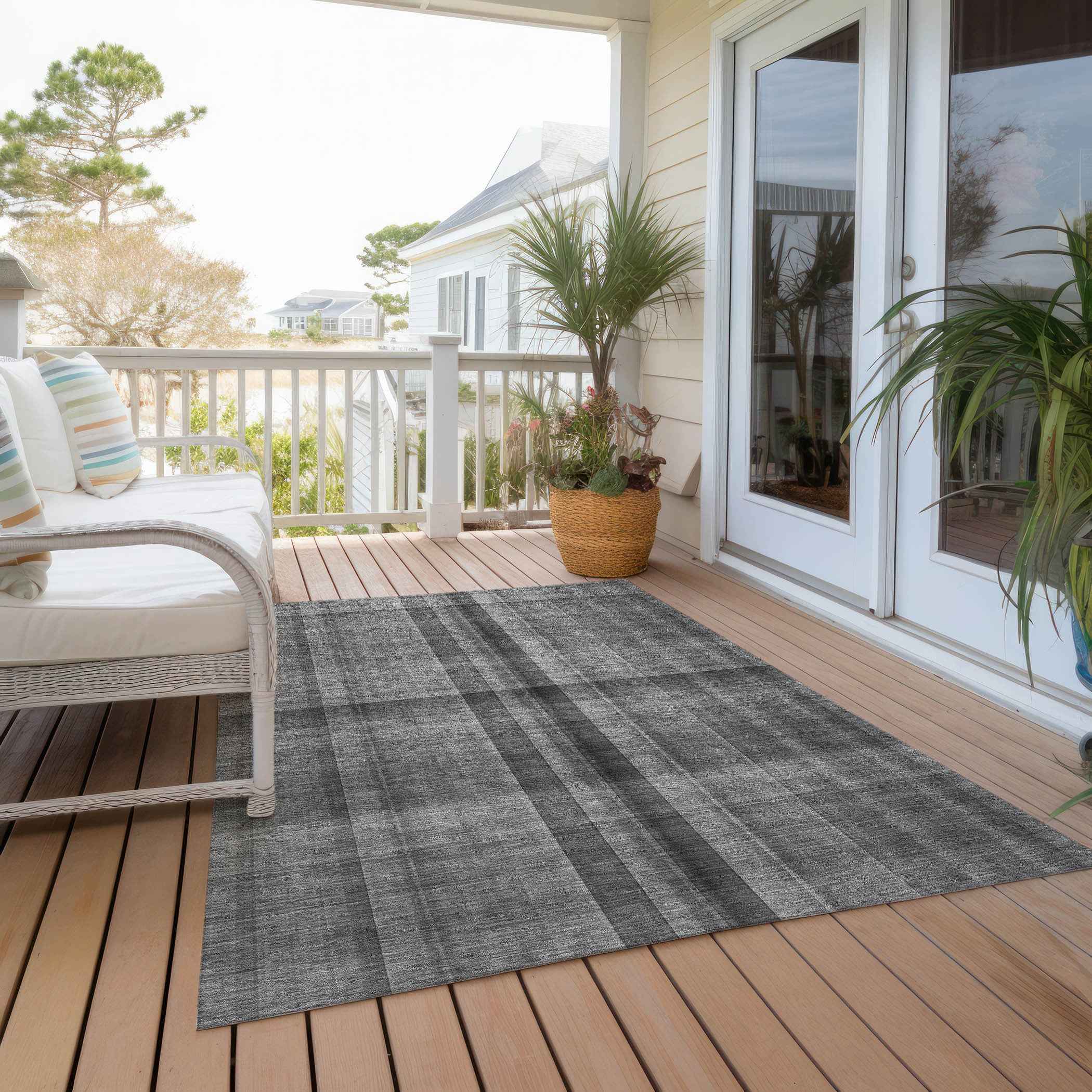 9' X 12' Gray Plaid Washable Non Skid Indoor Outdoor Area Rug
