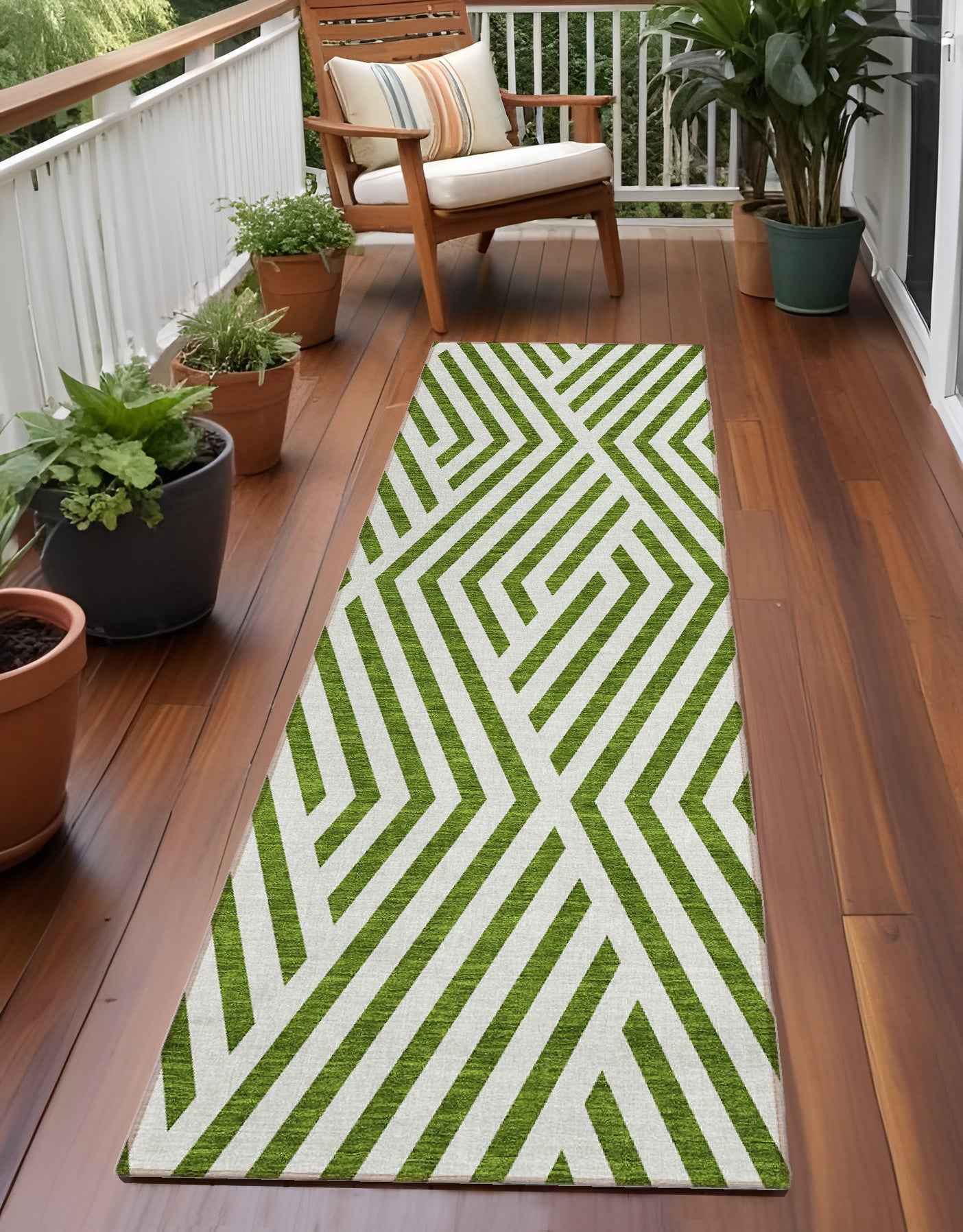 8' Runner Lime Green and White Geometric Washable Non Skid Indoor Outdoor Runner Rug