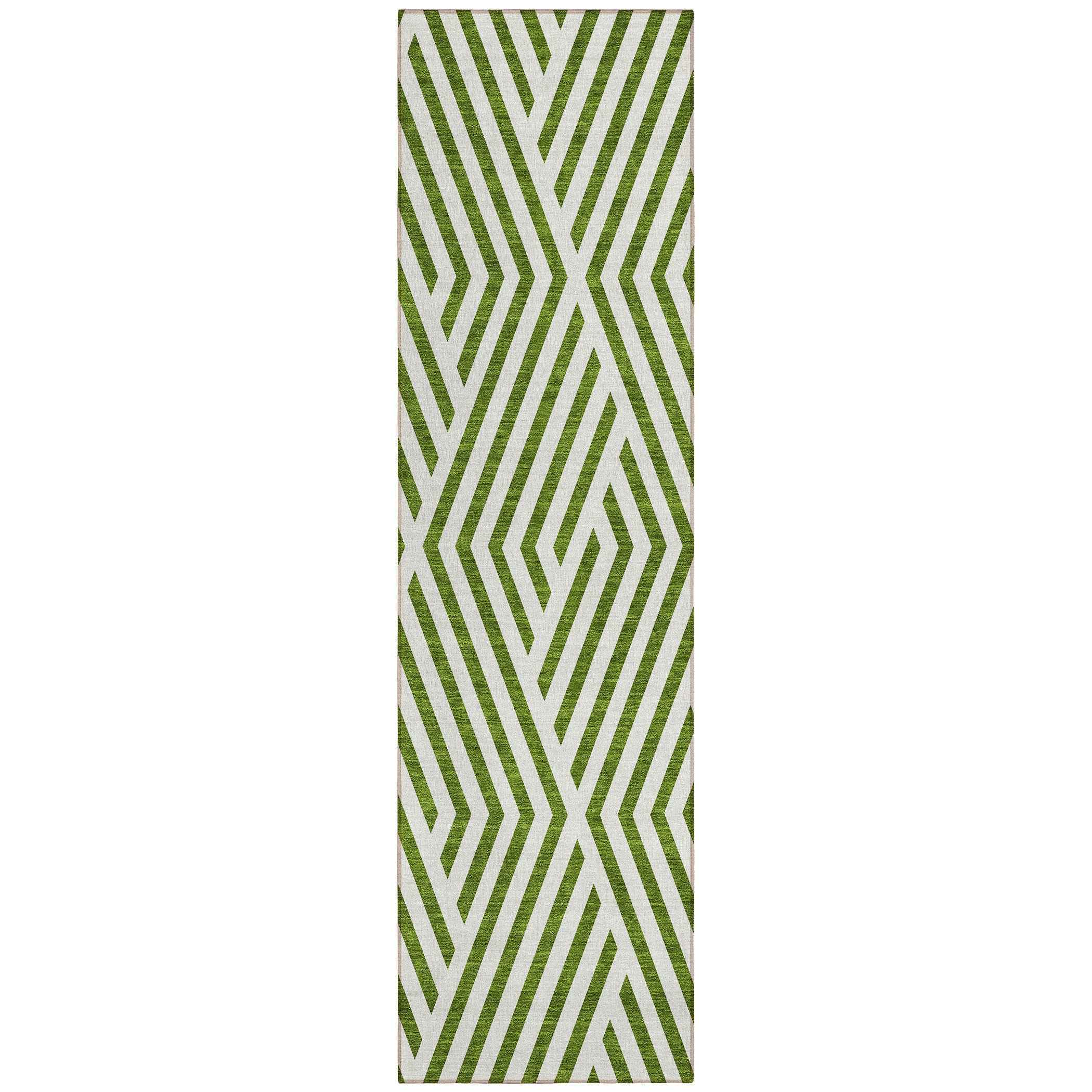 8' Runner Lime Green and White Geometric Washable Non Skid Indoor Outdoor Runner Rug
