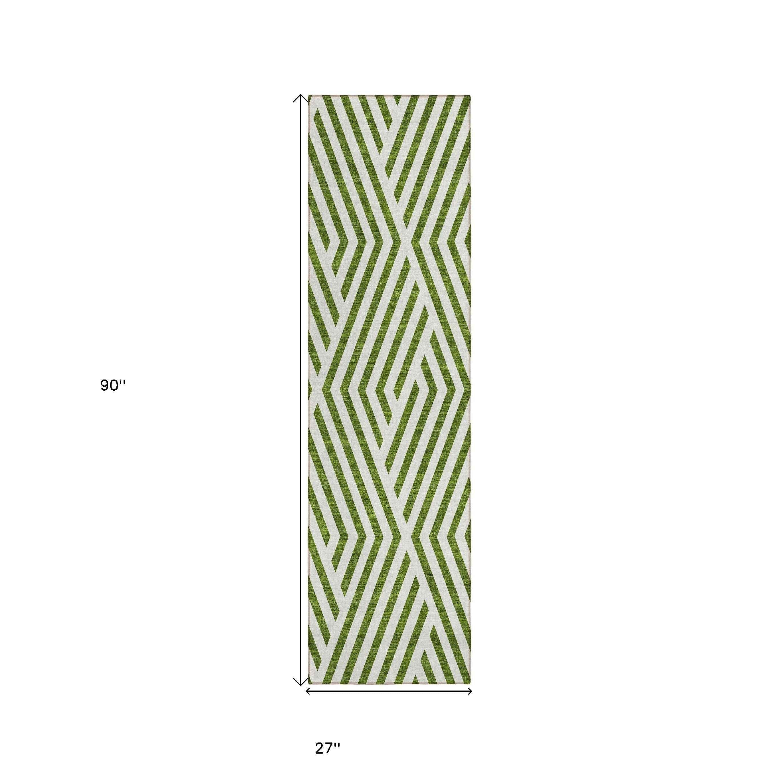 8' Runner Lime Green and White Geometric Washable Non Skid Indoor Outdoor Runner Rug
