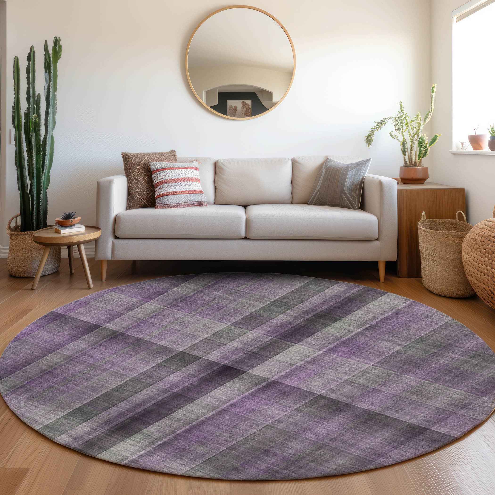 8' Round Purple Round Plaid Washable Non Skid Indoor Outdoor Area Rug