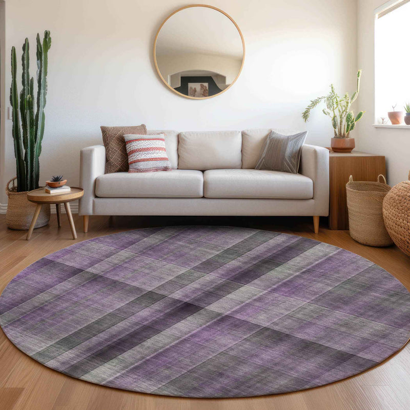 8' Round Purple Round Plaid Washable Non Skid Indoor Outdoor Area Rug