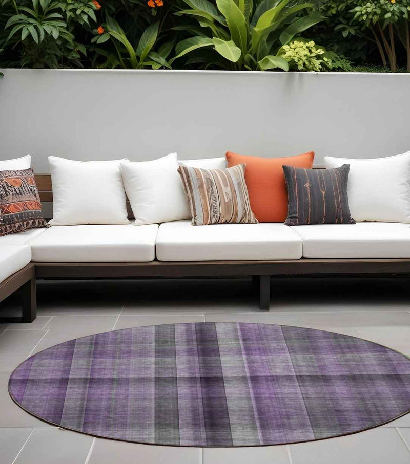 8' Round Purple Round Plaid Washable Non Skid Indoor Outdoor Area Rug