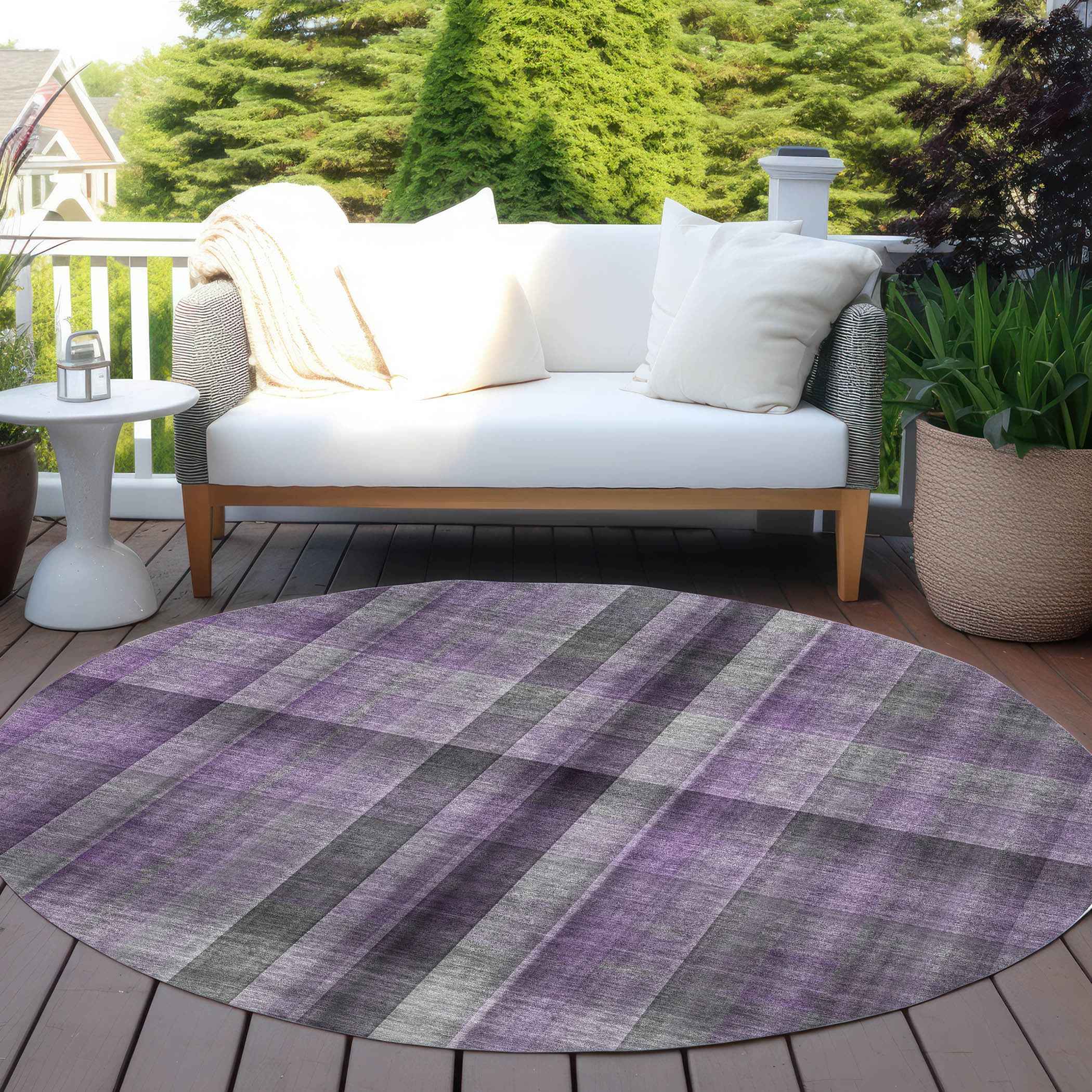8' Round Purple Round Plaid Washable Non Skid Indoor Outdoor Area Rug
