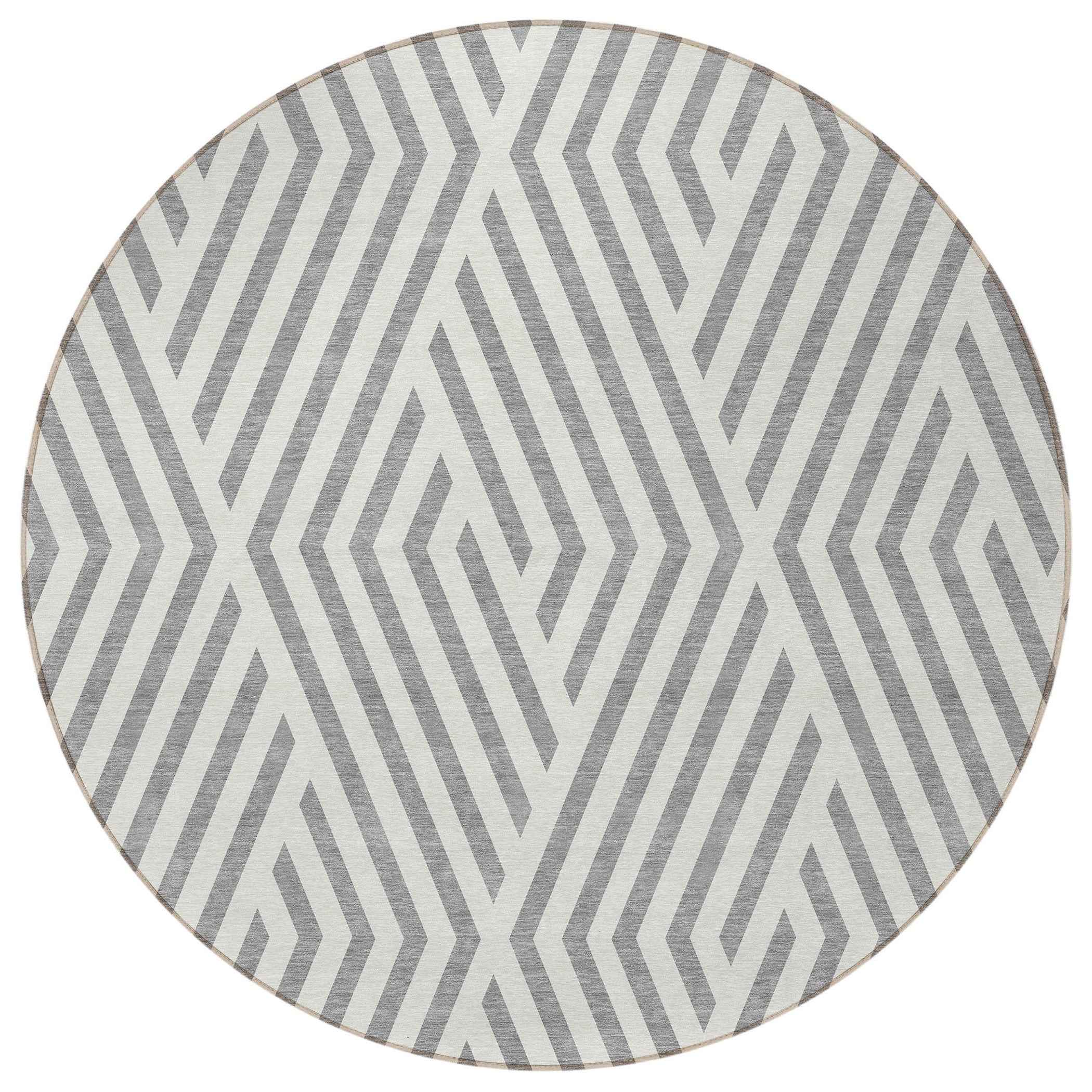 8' Gray And Ivory Round Geometric Washable Indoor Outdoor Area Rug