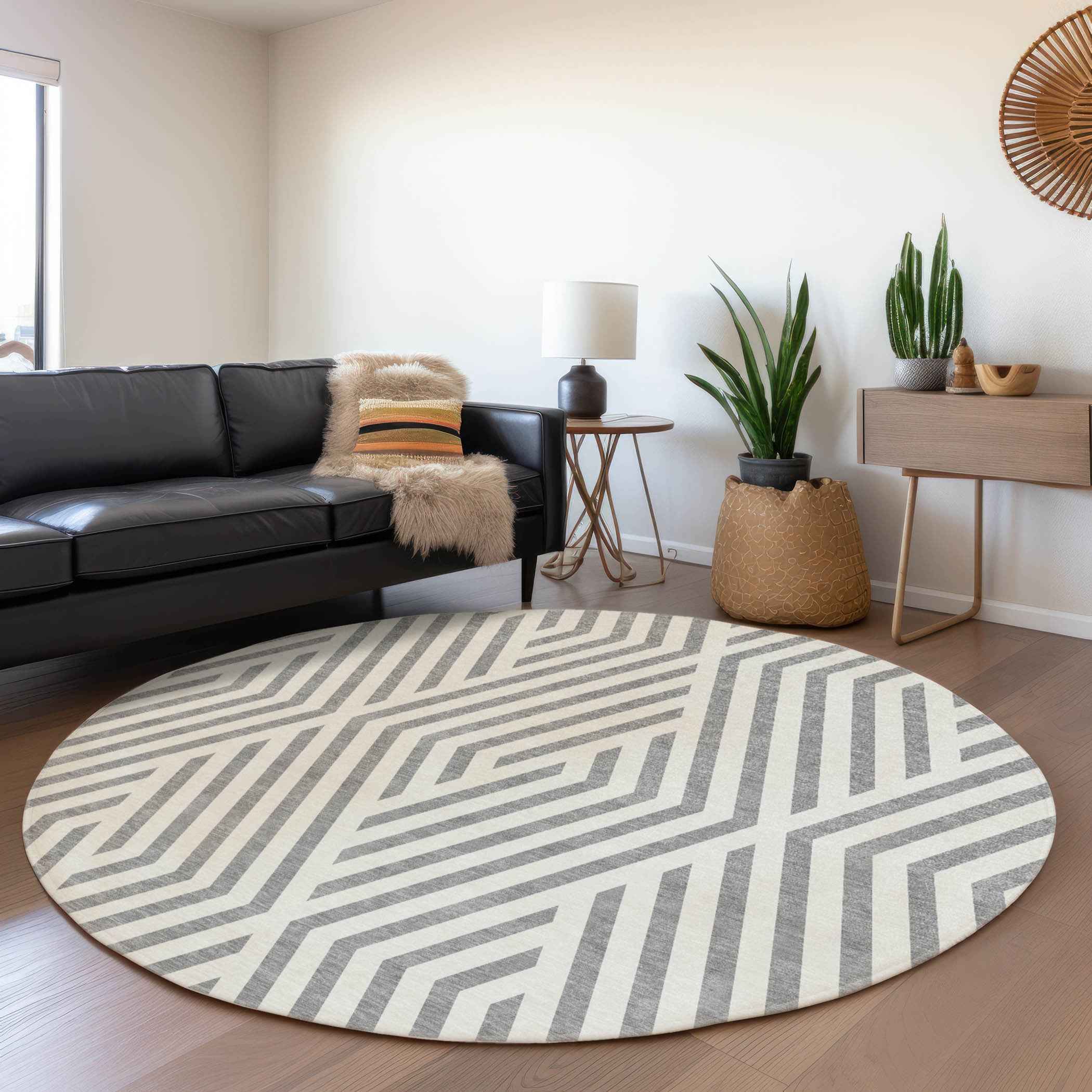 8' Gray And Ivory Round Geometric Washable Indoor Outdoor Area Rug