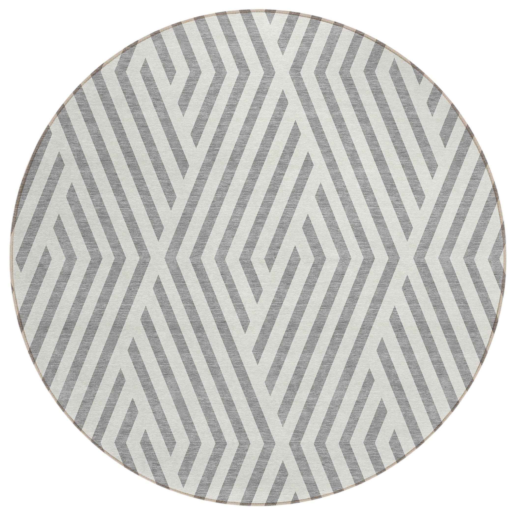 8' Gray And Ivory Round Geometric Washable Indoor Outdoor Area Rug